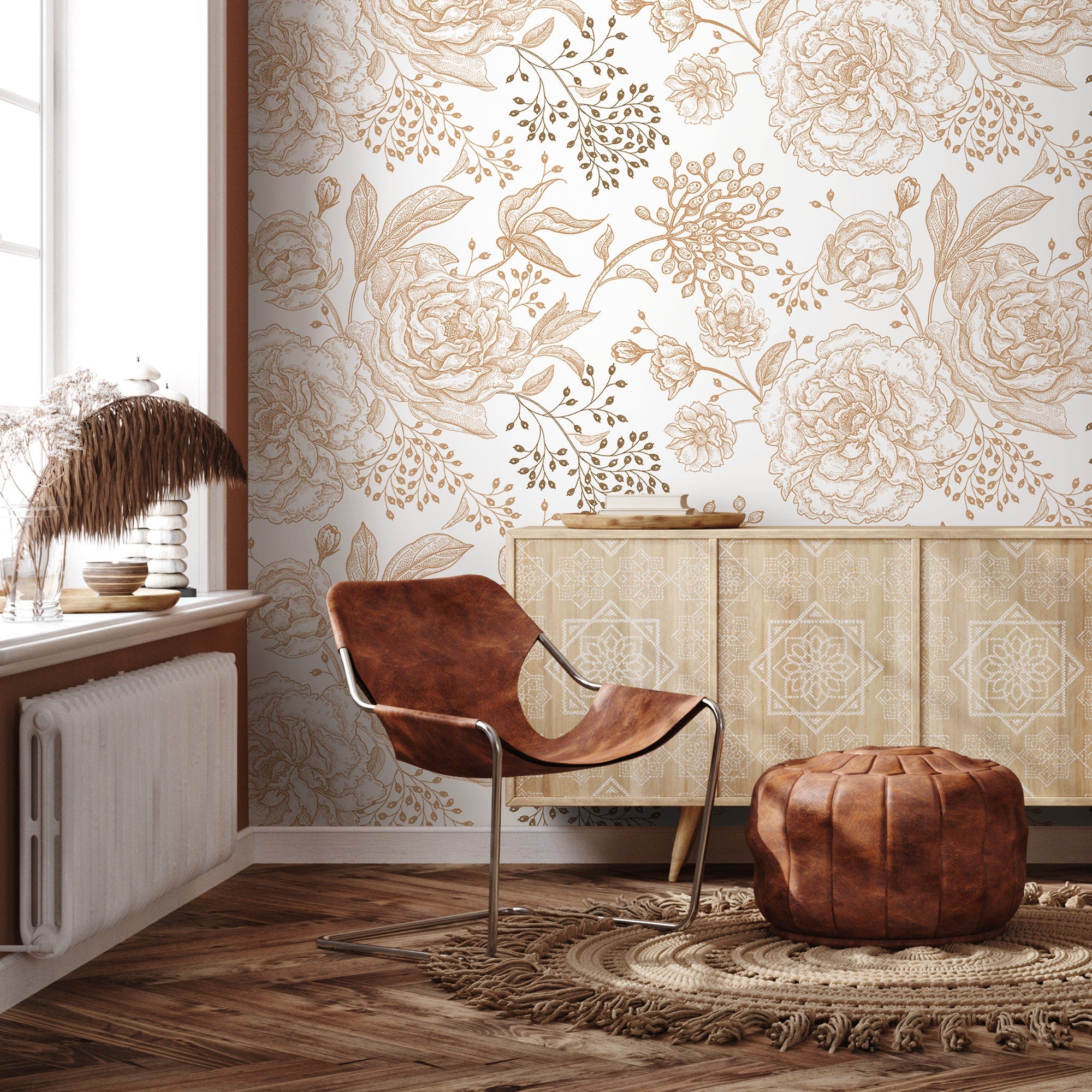 Floral Wallpaper With A Vintage Peony Sketch In Gold And Light Gray - A671