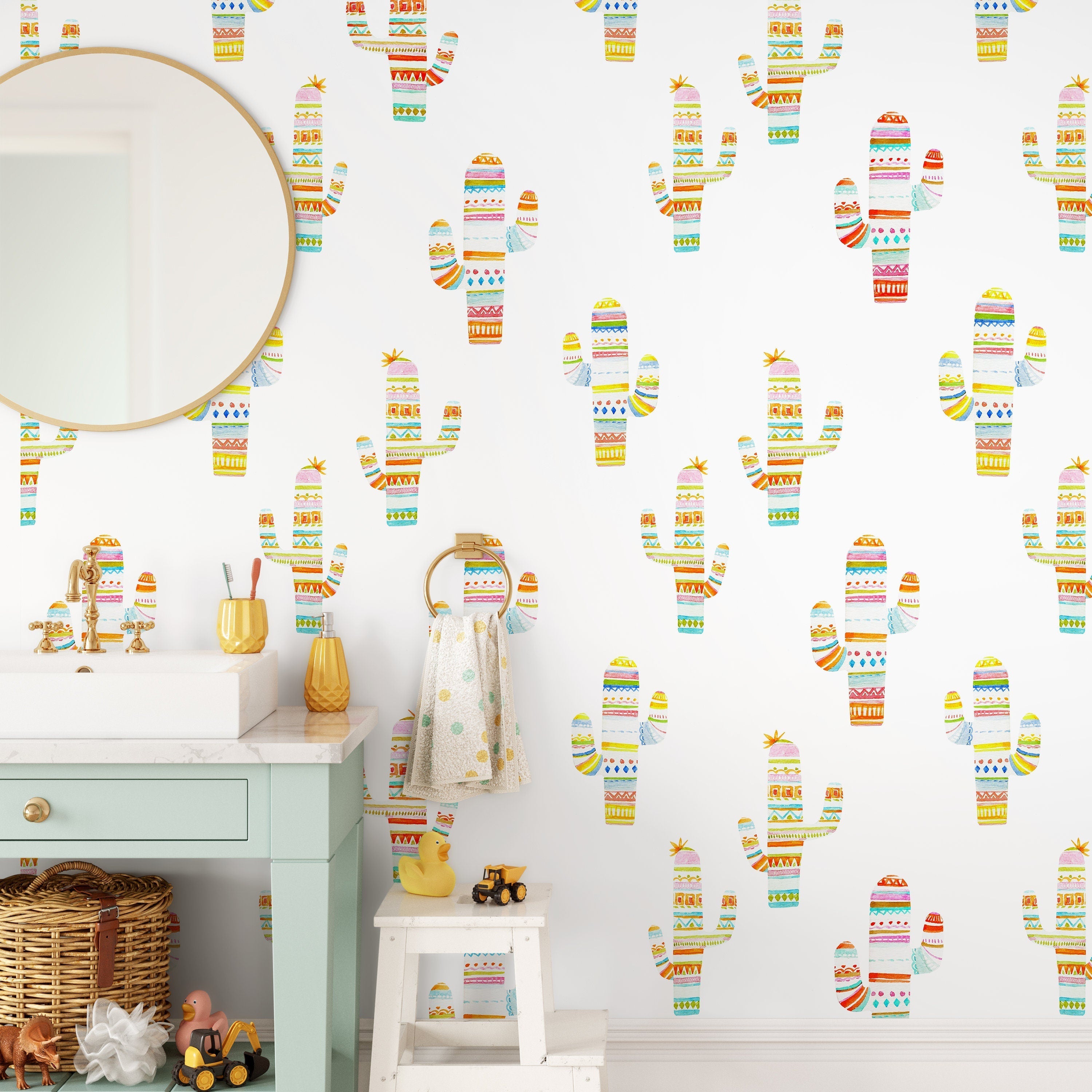 Bohemian Wallpaper With Whimsical Patterned Cacti In Pink, Yellow, And Blue - A689