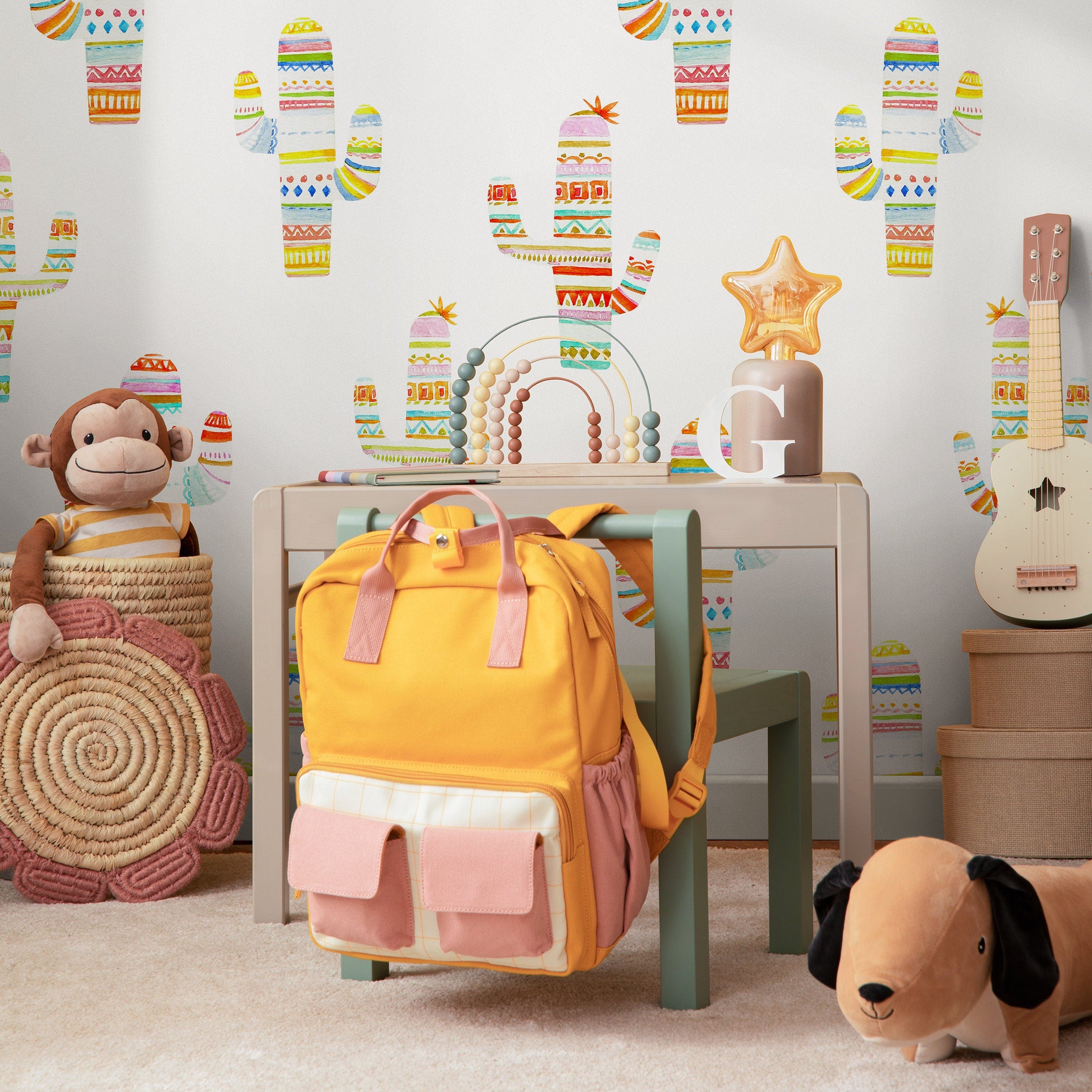 Bohemian Wallpaper With Whimsical Patterned Cacti In Pink, Yellow, And Blue - A689