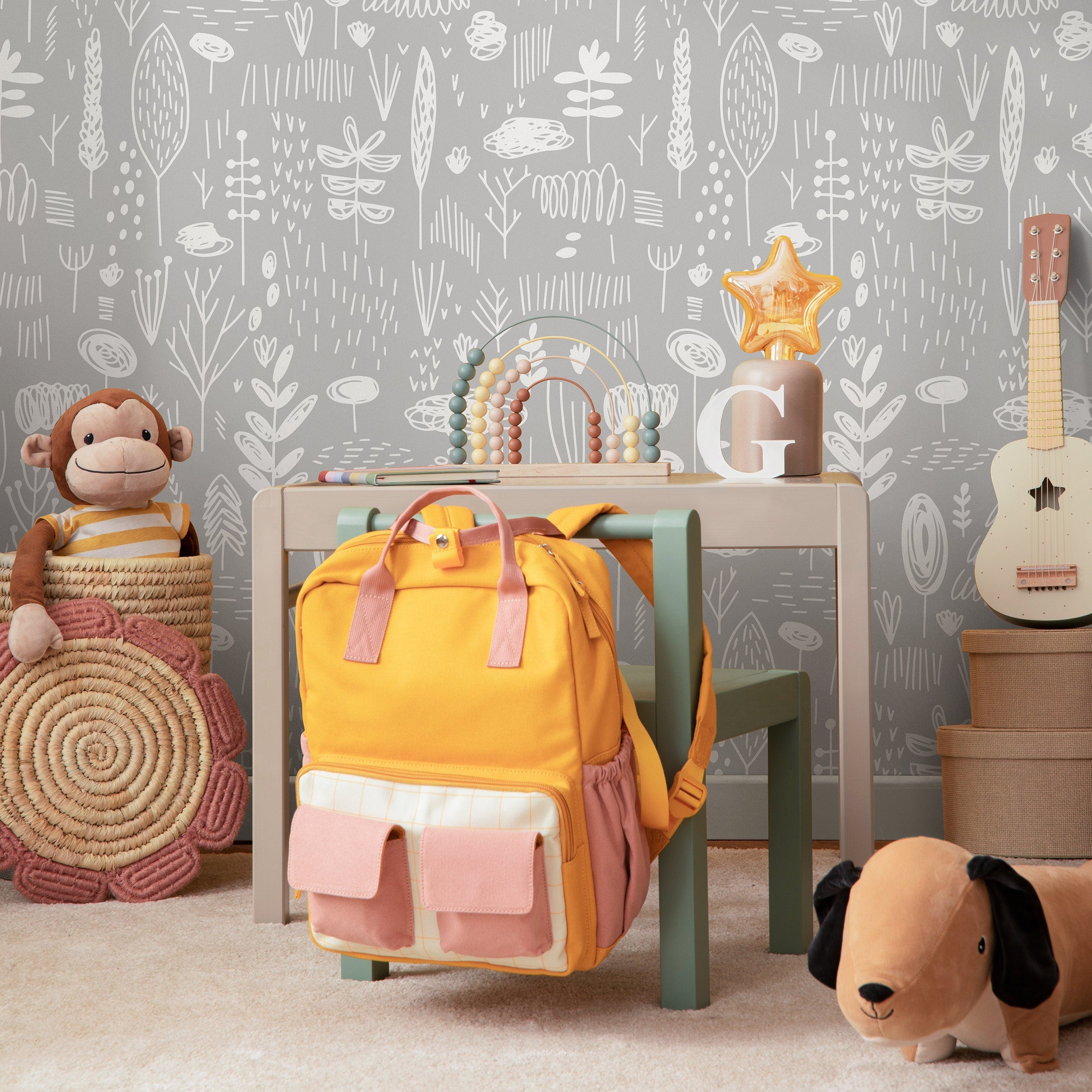 Scandinavian Wallpaper With Hand-drawn Woodland Motifs In Gray And White - A701