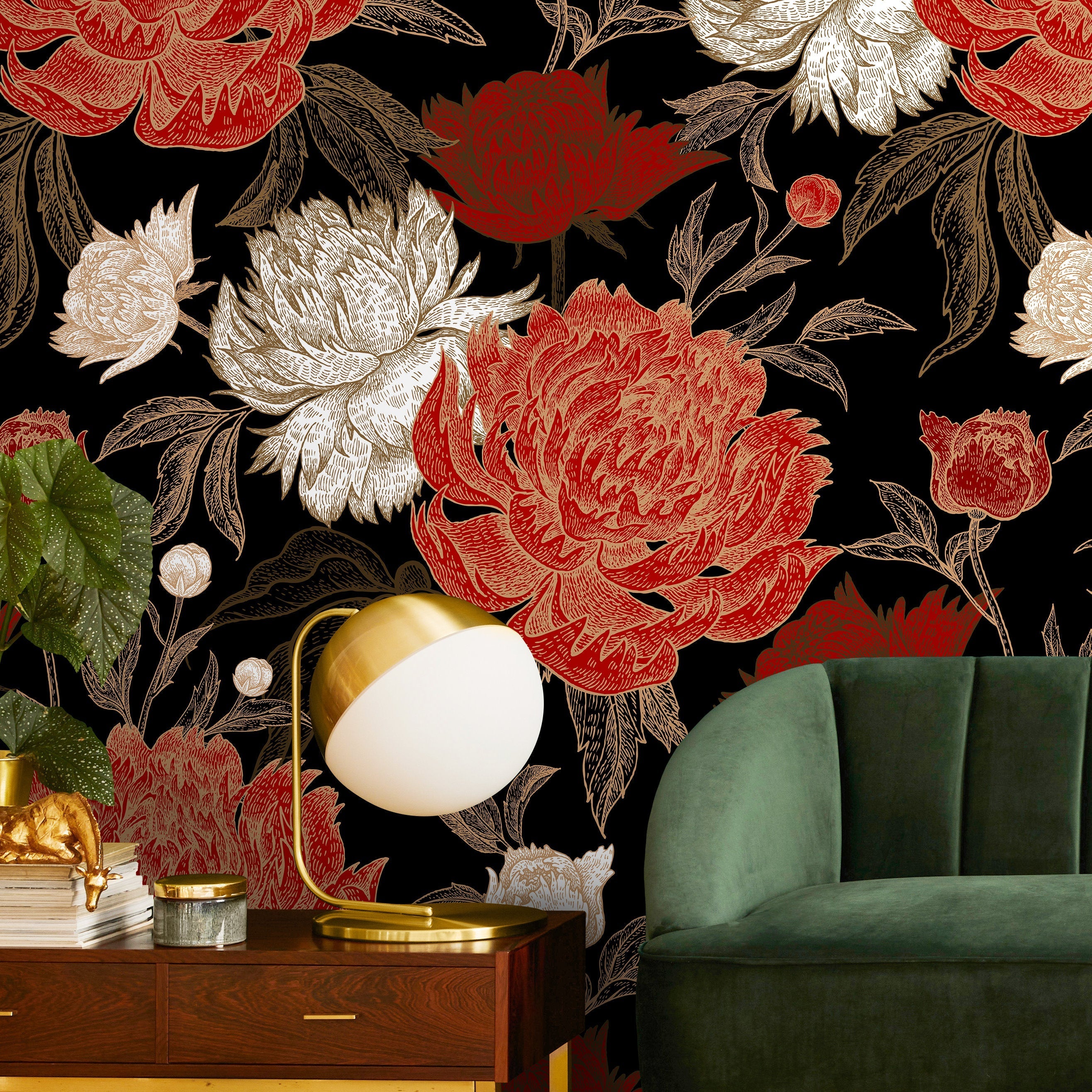 Floral Wallpaper With Engraved Peonies In Black, Red, And Gold - A702