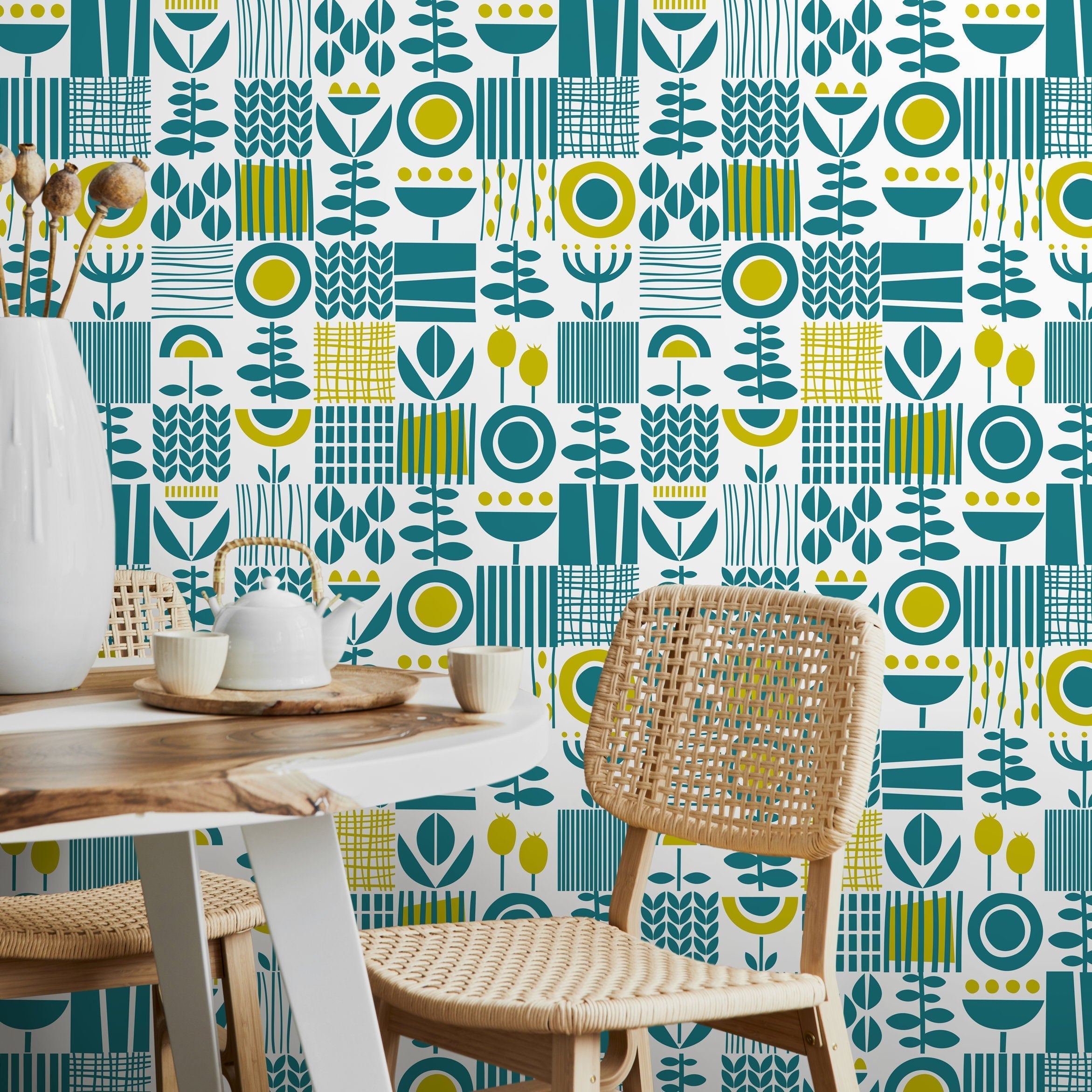 Scandinavian Wallpaper With A Block Print Botanical Motif In Teal And Yellow - A707
