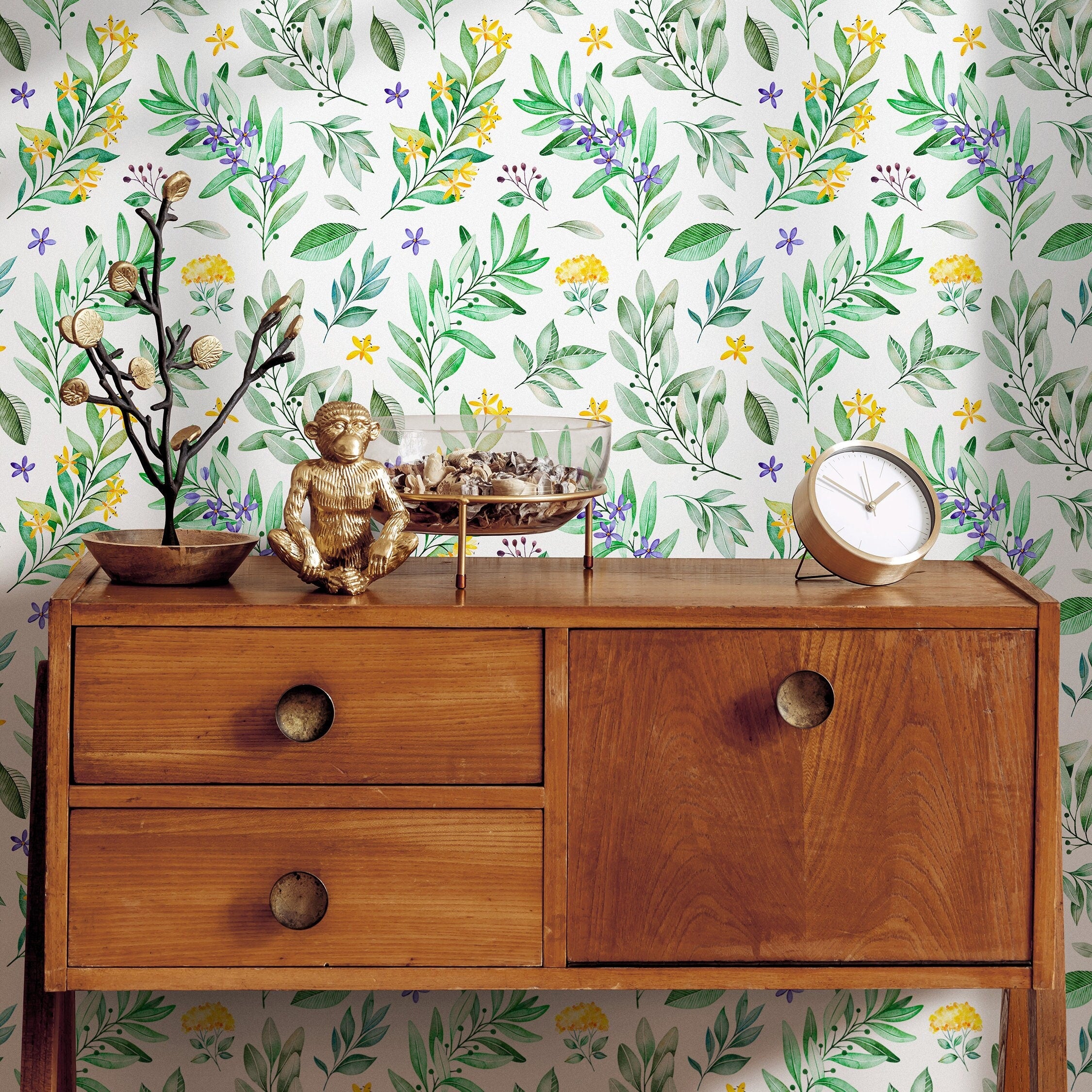 Botanical Wallpaper With Watercolor Leaves And Florals In Green, Yellow, And Purple - A708