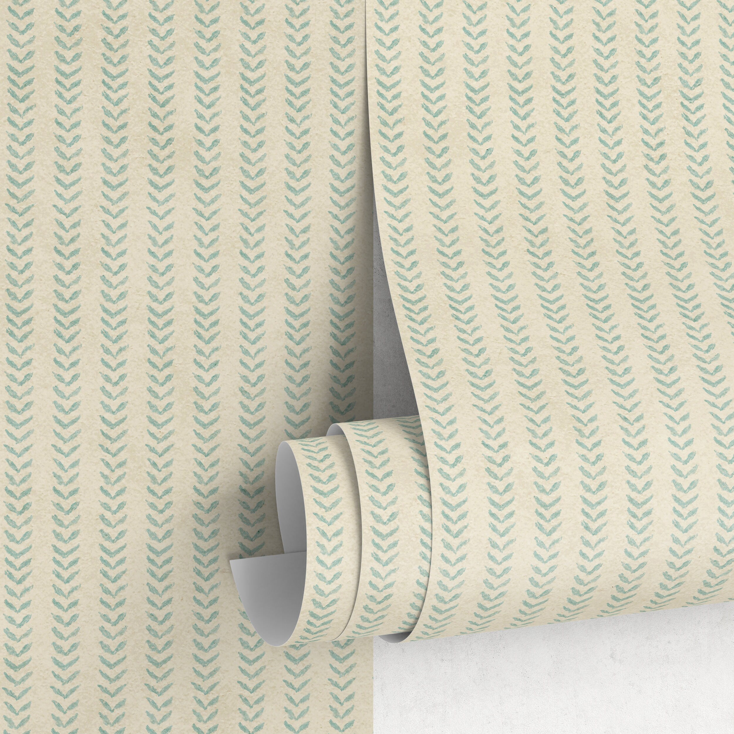 Geometric Wallpaper With A Hand-painted Chevron Stripe Motif In Teal And Beige - A339