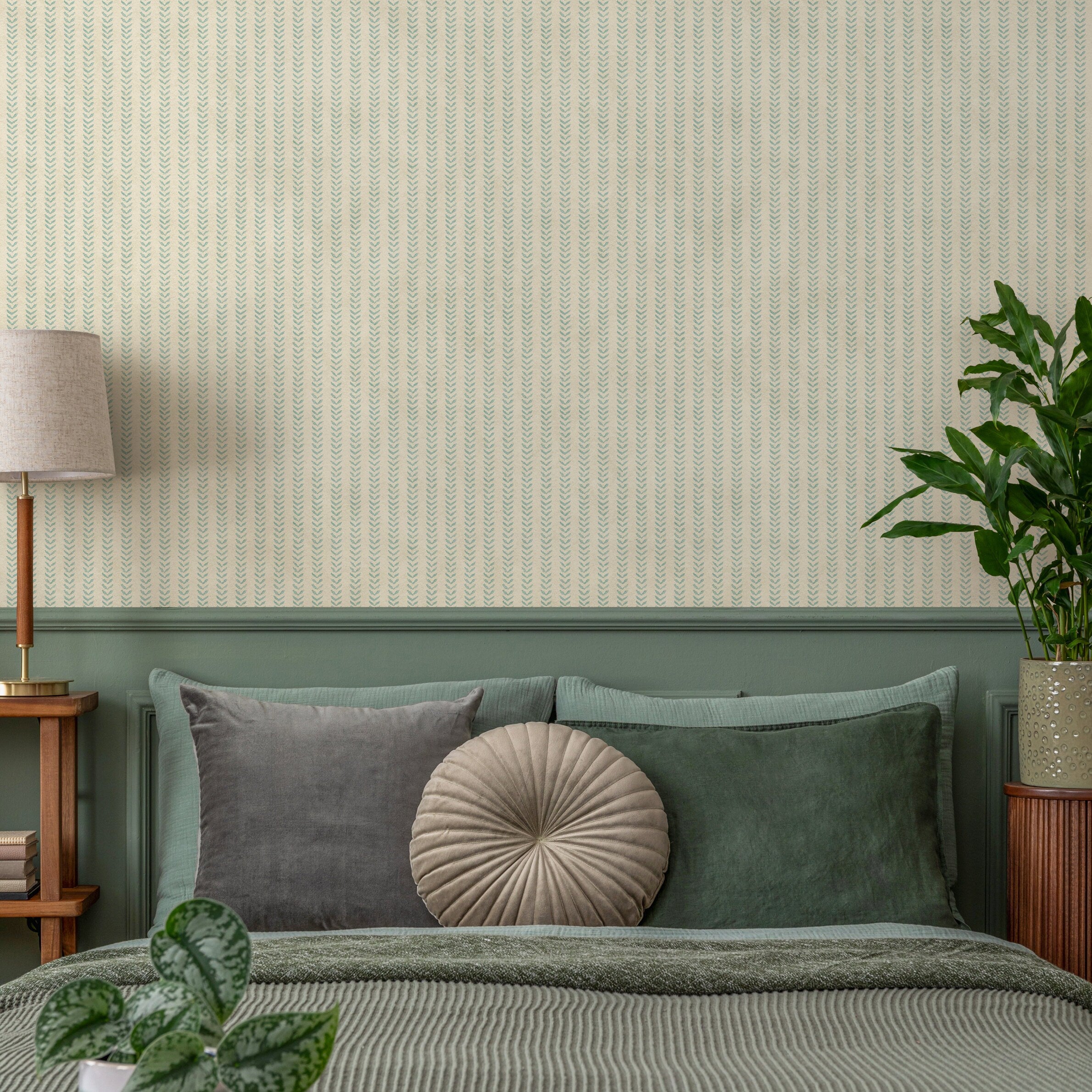 Geometric Wallpaper With A Hand-painted Chevron Stripe Motif In Teal And Beige - A339