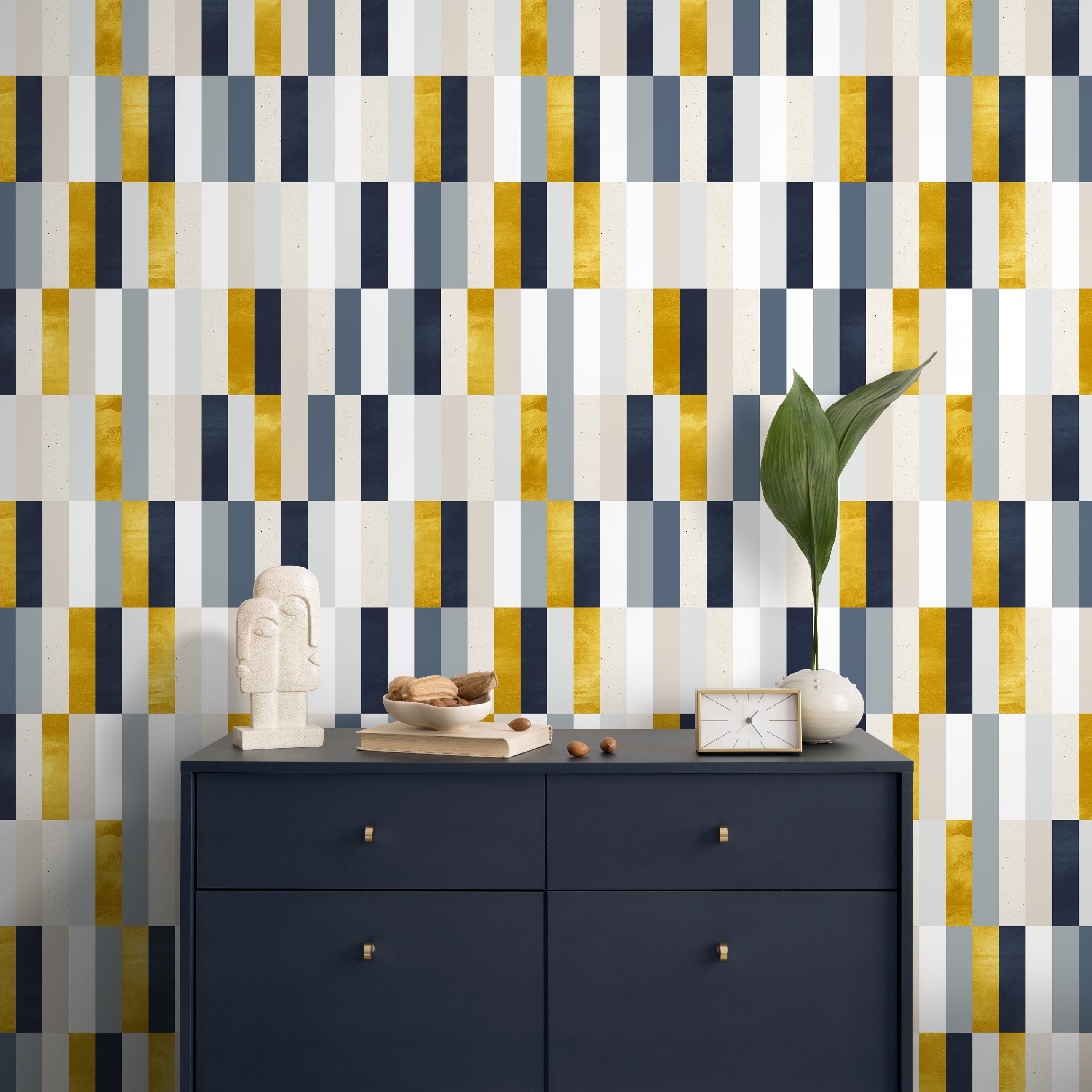 Geometric Wallpaper With A Modern Color Block Motif In Gold, Blue, And Grey - A340