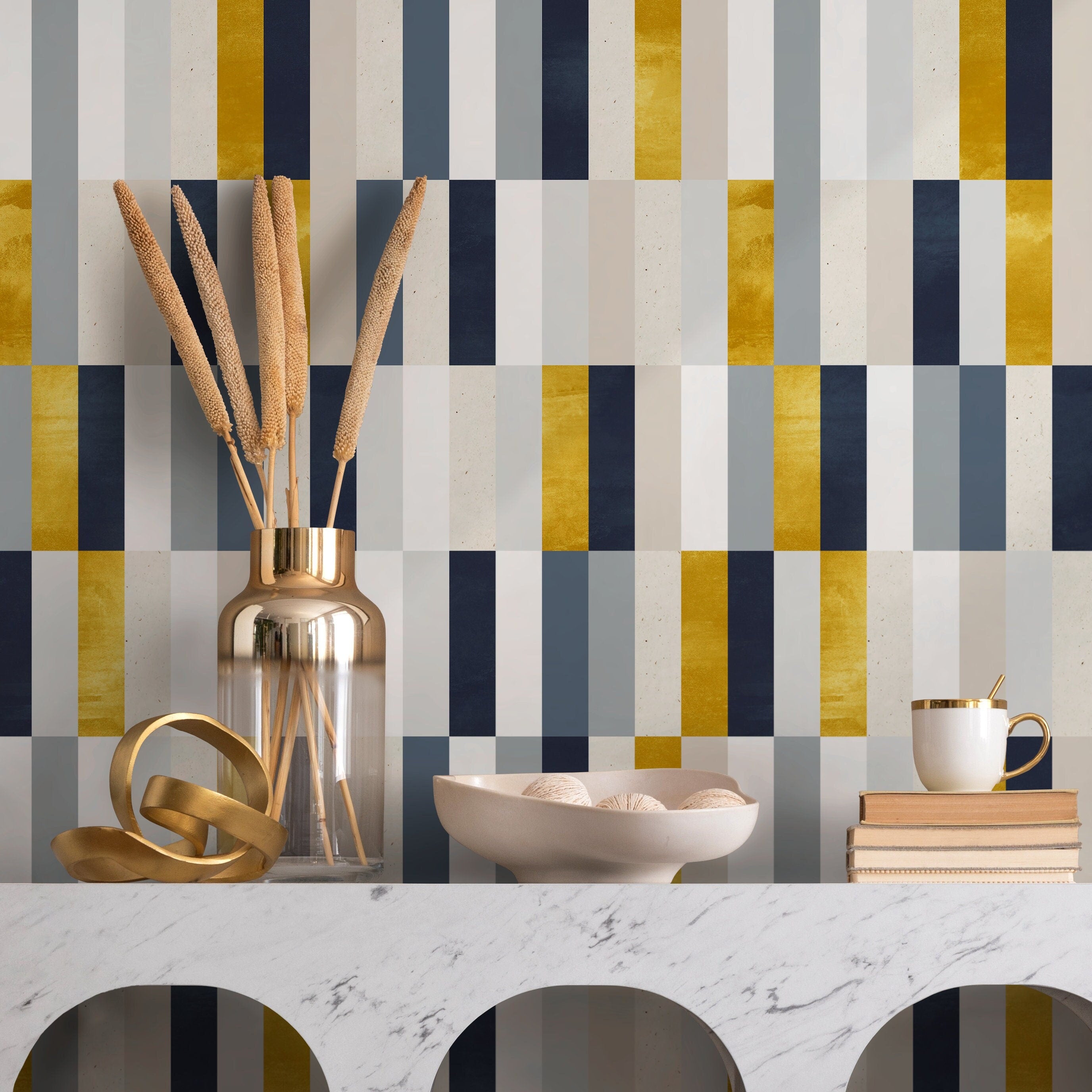 Geometric Wallpaper With A Modern Color Block Motif In Gold, Blue, And Grey - A340