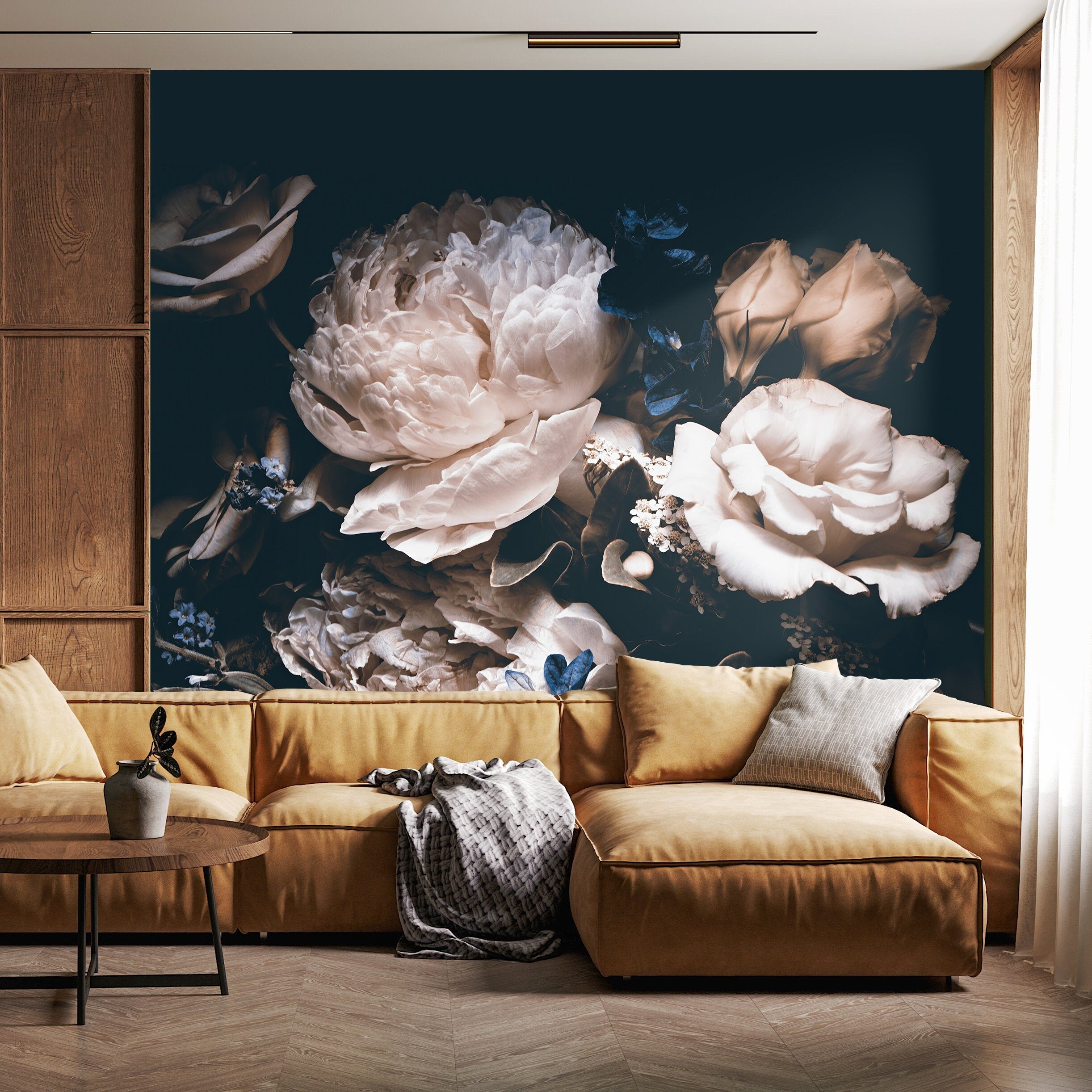 Dark Floral Wallpaper With A Moody Rose And Peony Bouquet In Cream And Blue - A344