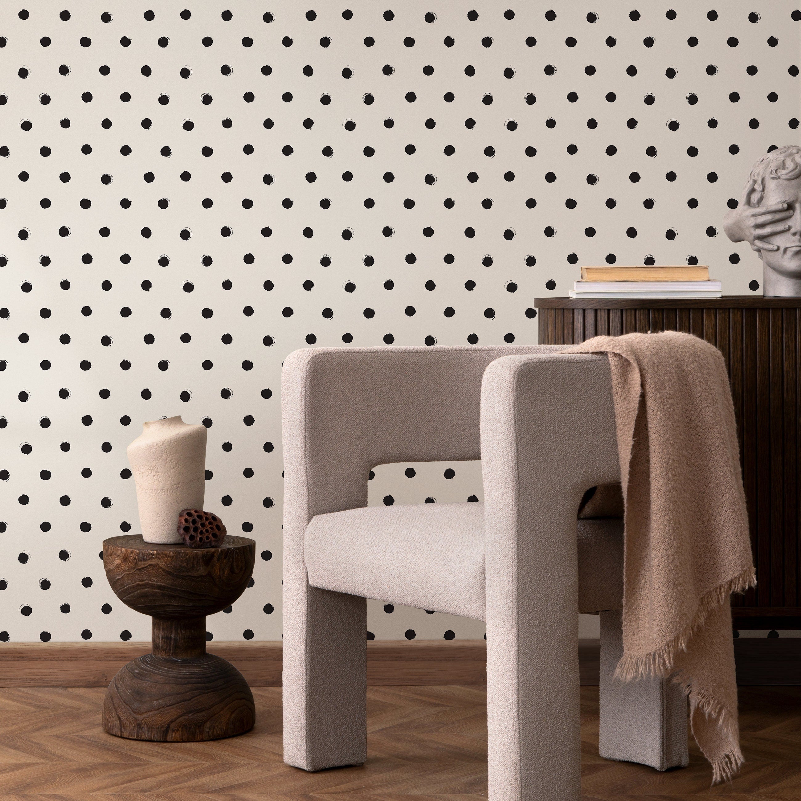 Polka Dot Wallpaper With A Hand-painted Motif In Black And Off-white - A355