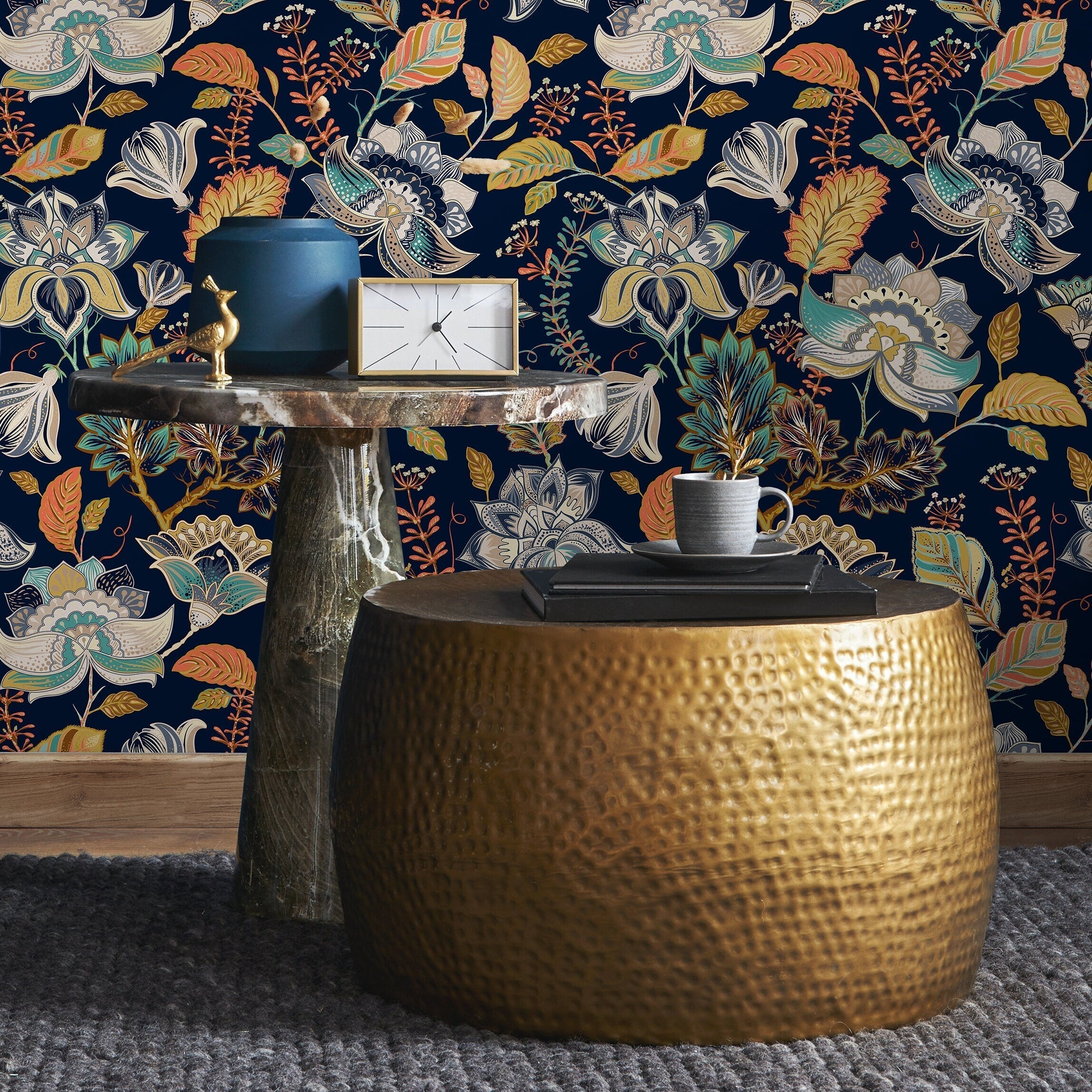 Floral Wallpaper With A Stylized Folk Art Motif In Navy Blue, Orange, And Teal - A620