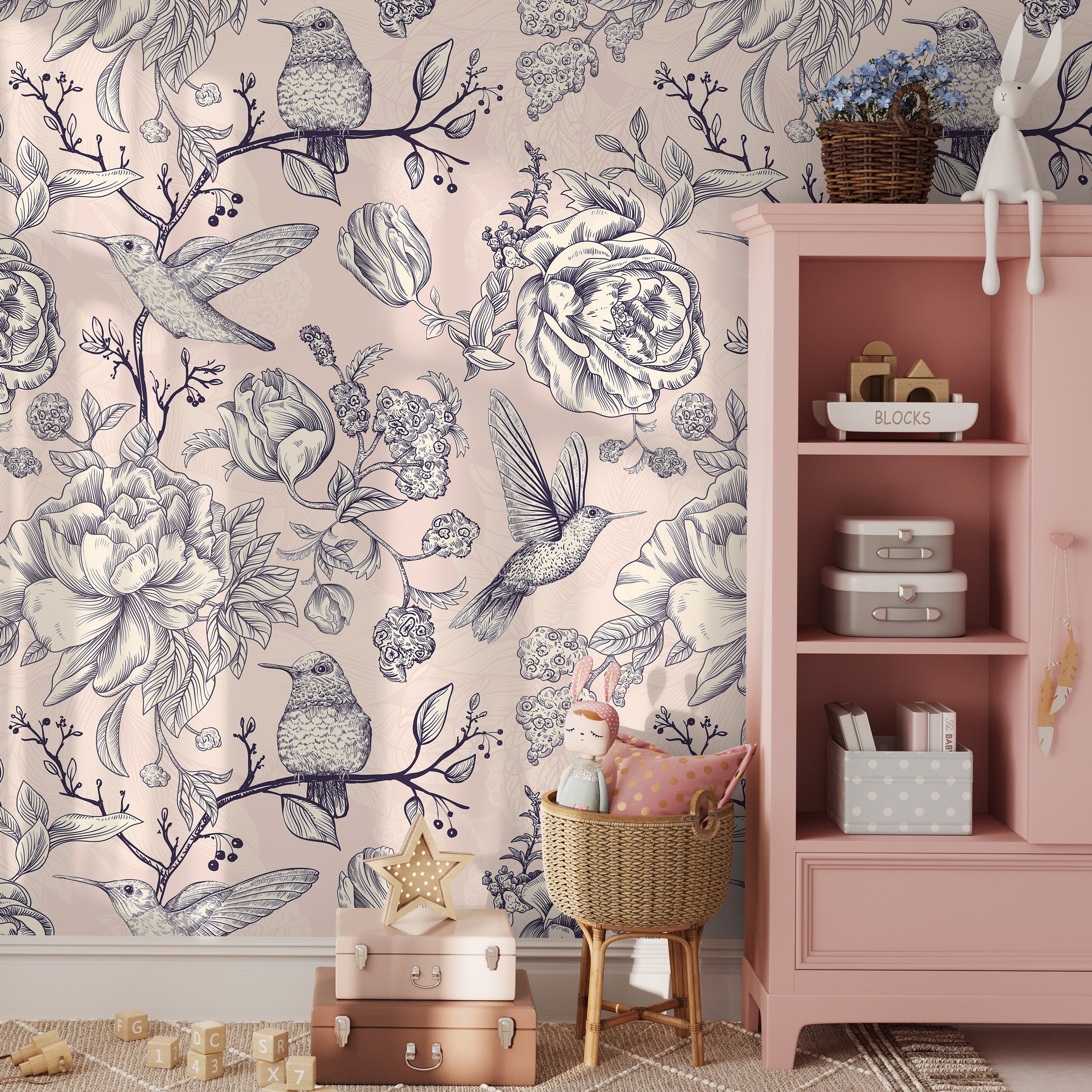 Vintage Floral Wallpaper With Hummingbirds And Peonies In Pink And Blue - A626