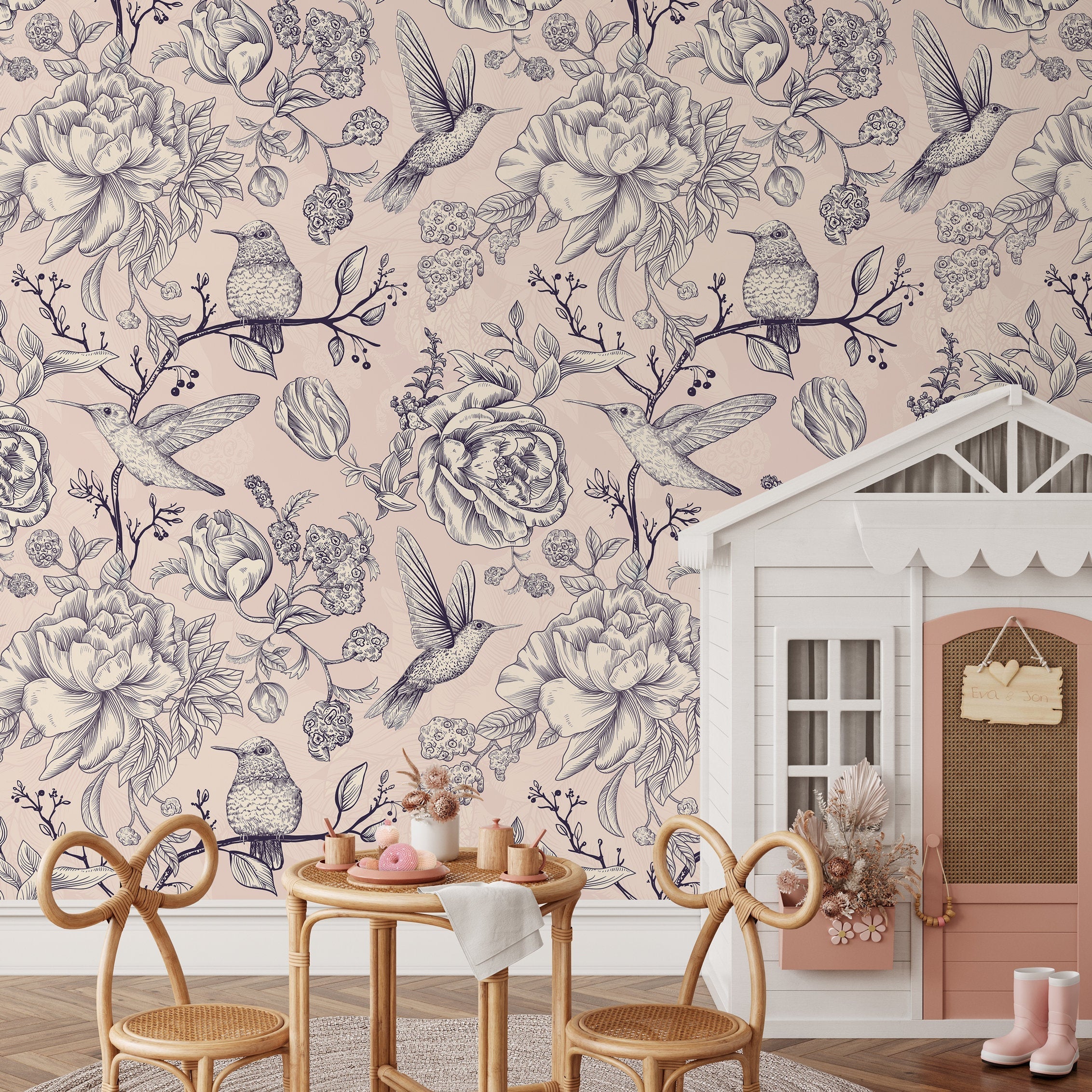 Vintage Floral Wallpaper With Hummingbirds And Peonies In Pink And Blue - A626