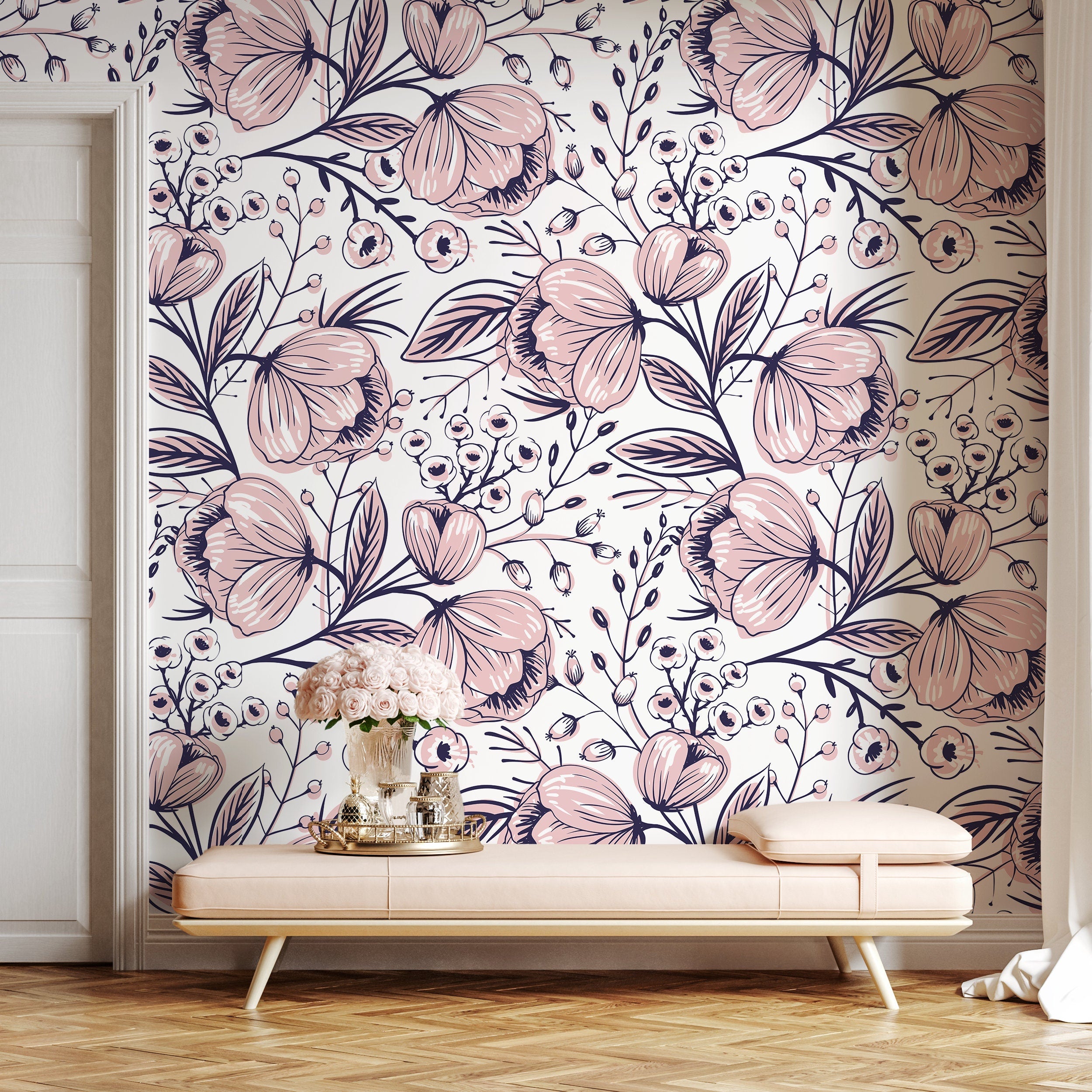 Floral Wallpaper Featuring Stylized Hand-drawn Blooms In Pink And Navy Blue - A691