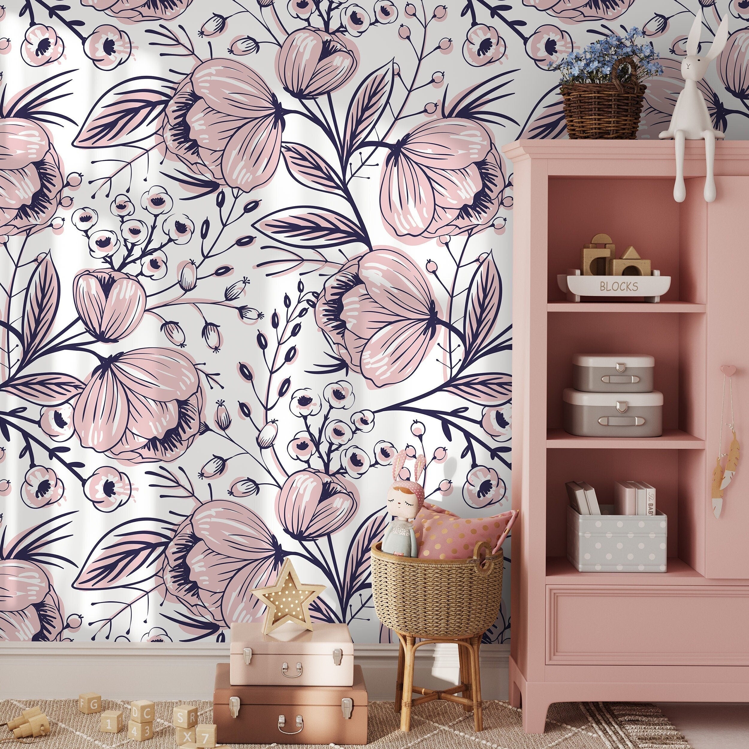 Floral Wallpaper Featuring Stylized Hand-drawn Blooms In Pink And Navy Blue - A691