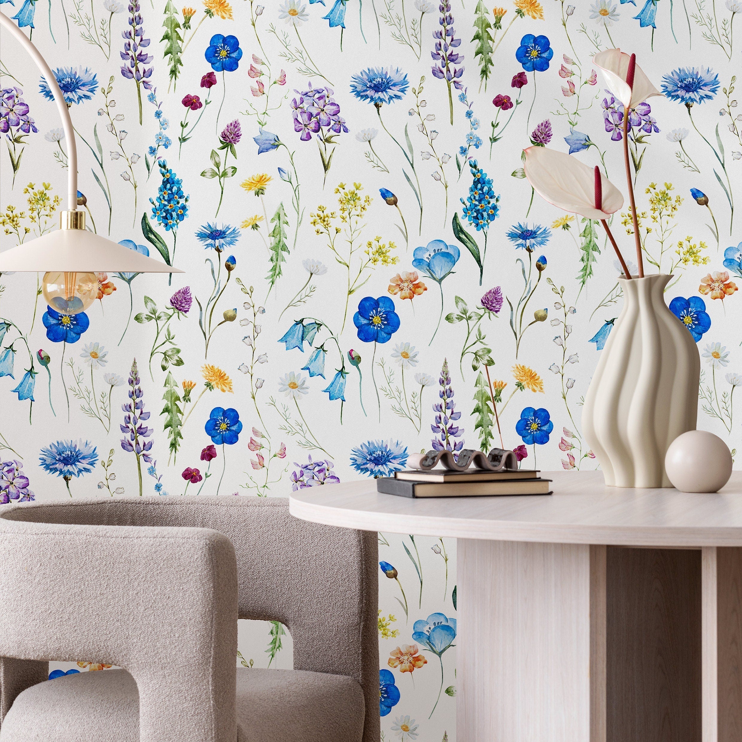 Floral Wallpaper With Watercolor Wildflowers In Blue, Purple, And Yellow - A694