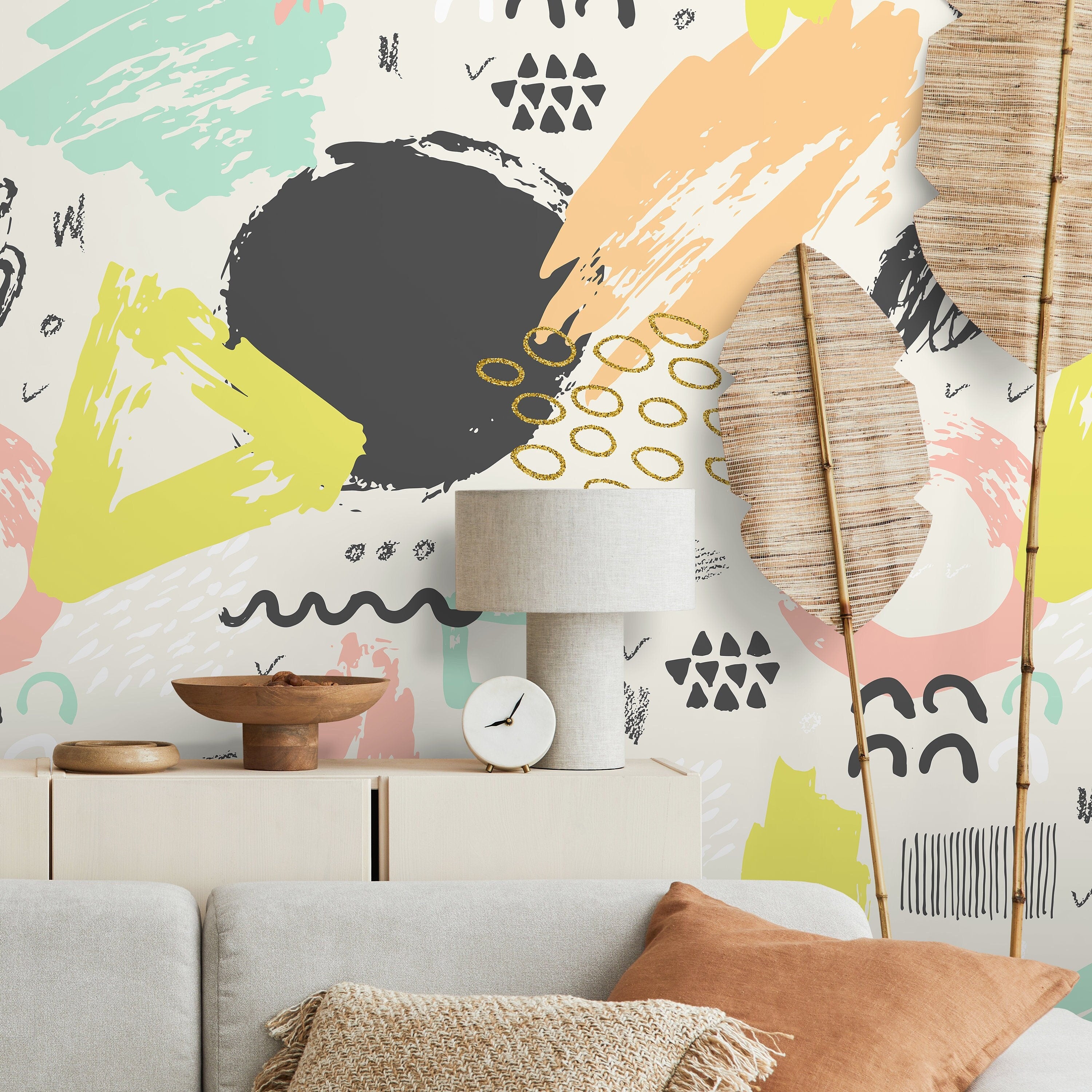 Abstract Wallpaper With Artistic Brush Strokes In Mint, Pink, And Yellow - A695