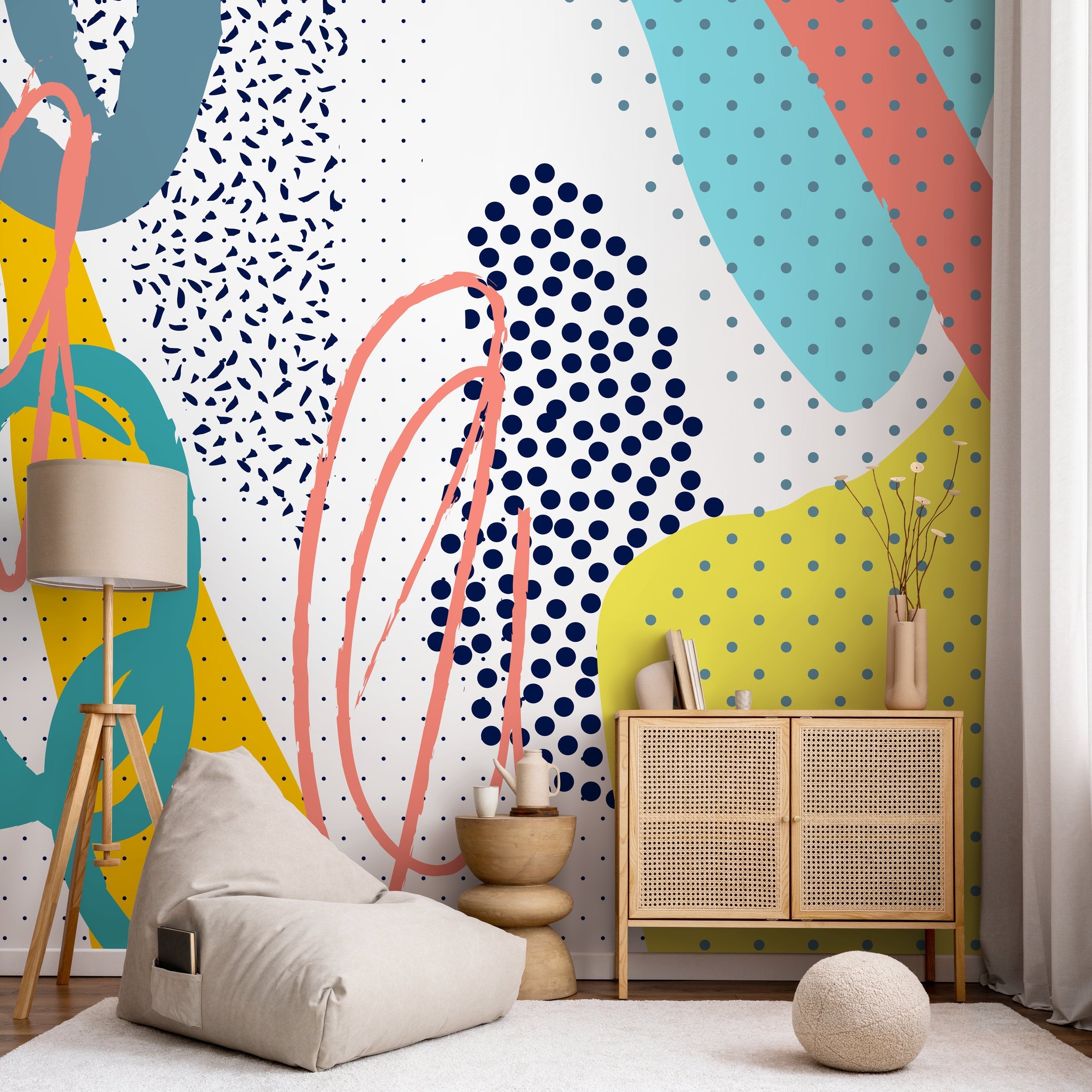 Abstract Wallpaper With Memphis Style Shapes And Dots In Blue, Yellow, And Teal - A705