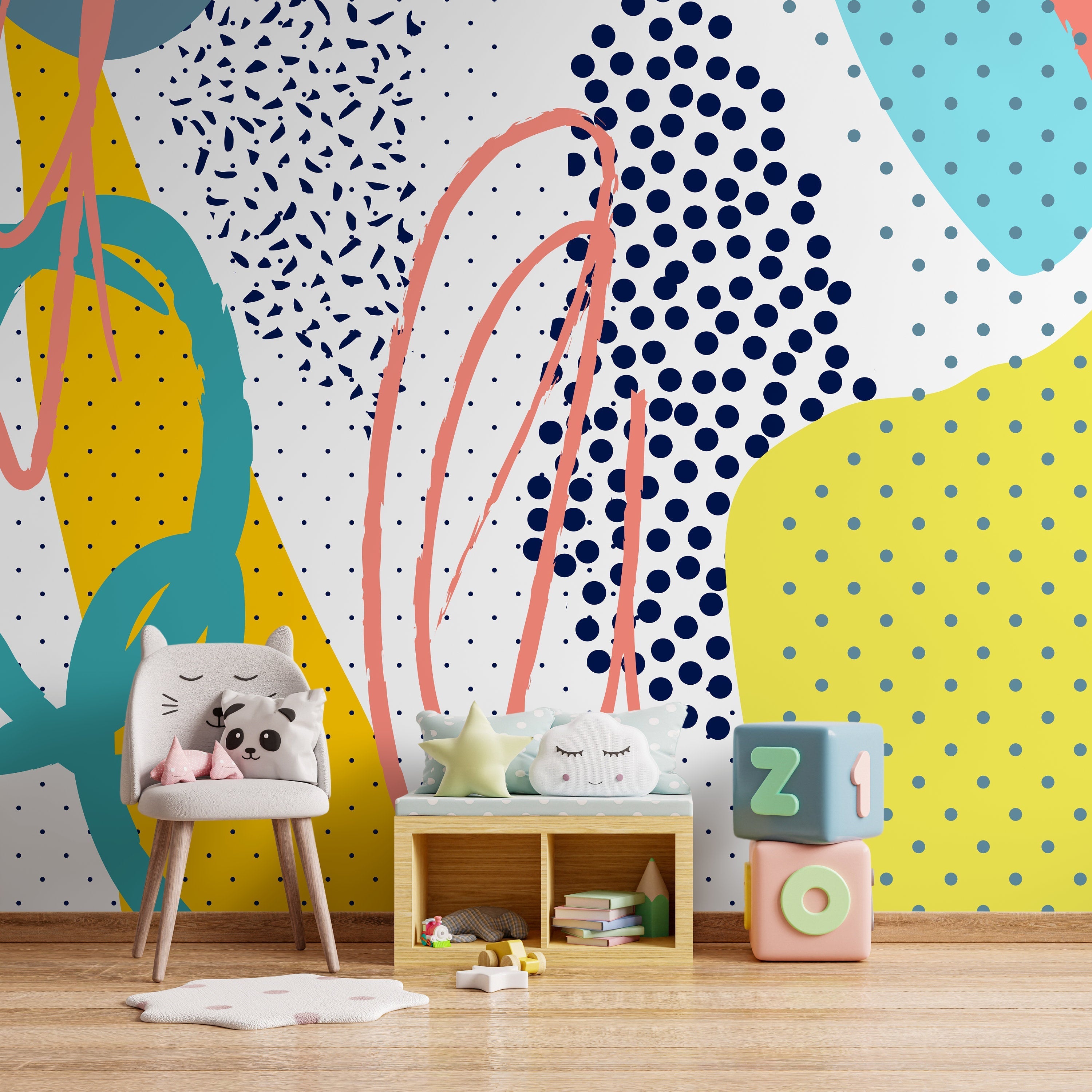 Abstract Wallpaper With Memphis Style Shapes And Dots In Blue, Yellow, And Teal - A705