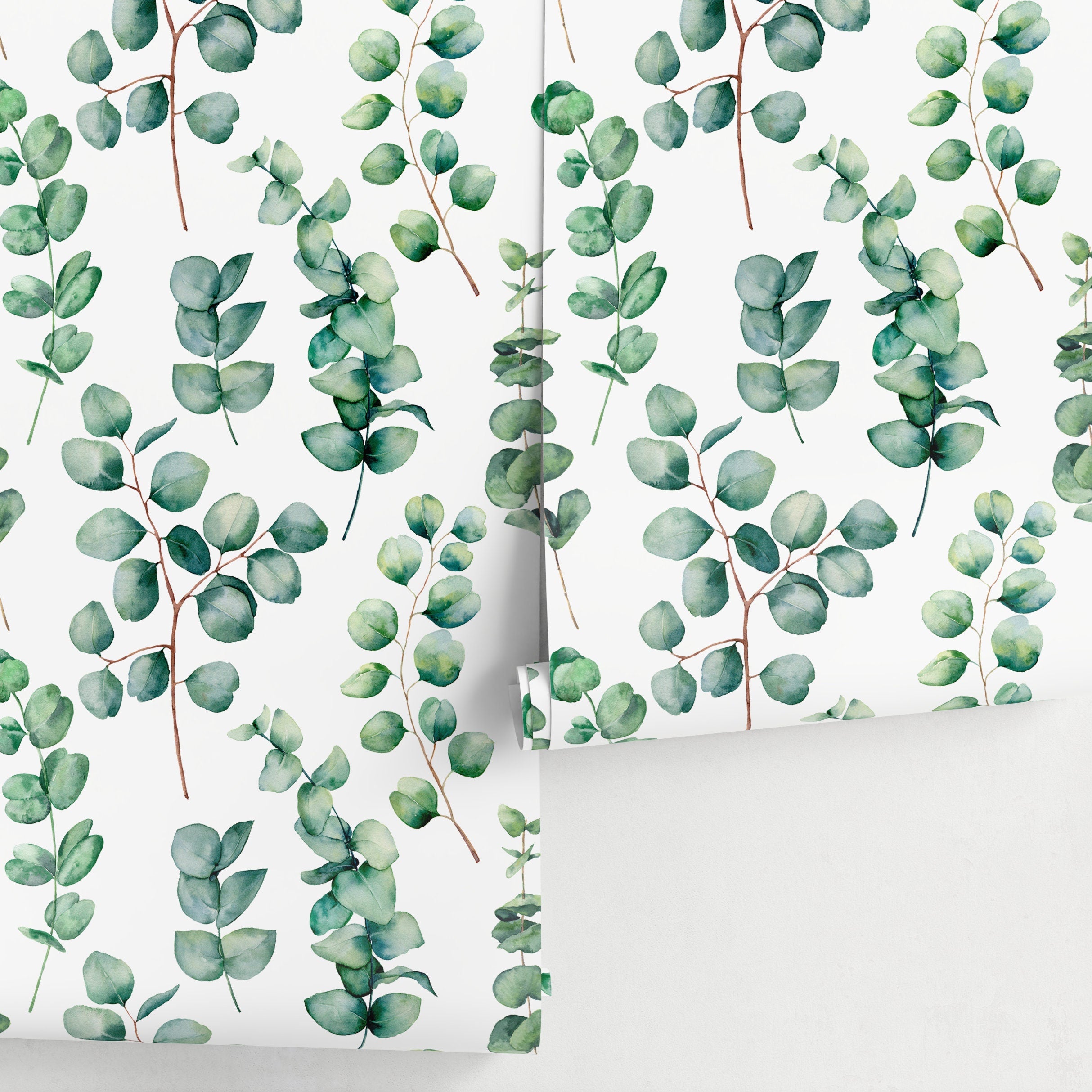 Botanical Wallpaper With A Watercolor Eucalyptus Motif In Green And Brown - A710