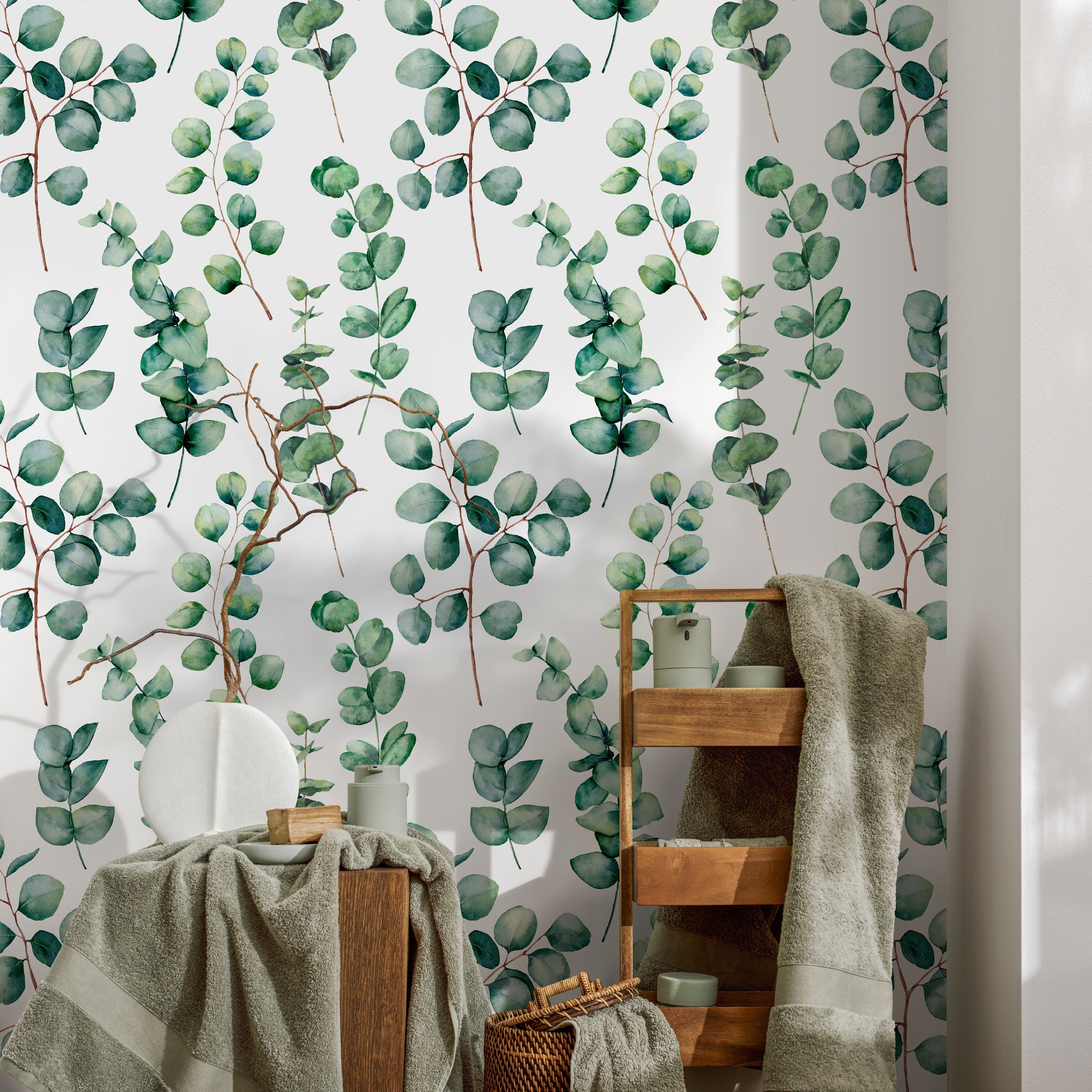 Botanical Wallpaper With A Watercolor Eucalyptus Motif In Green And Brown - A710