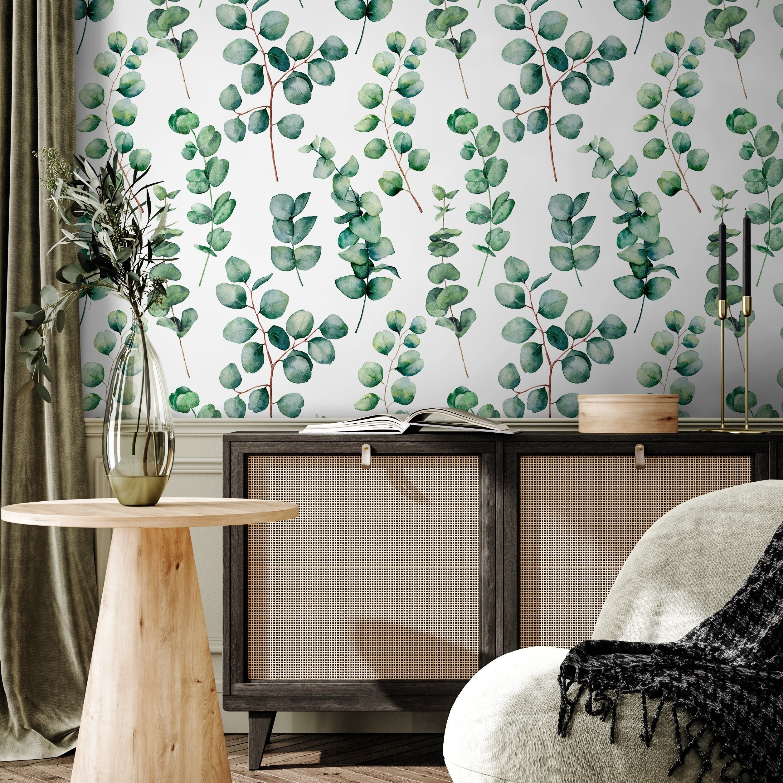 Botanical Wallpaper With A Watercolor Eucalyptus Motif In Green And Brown - A710