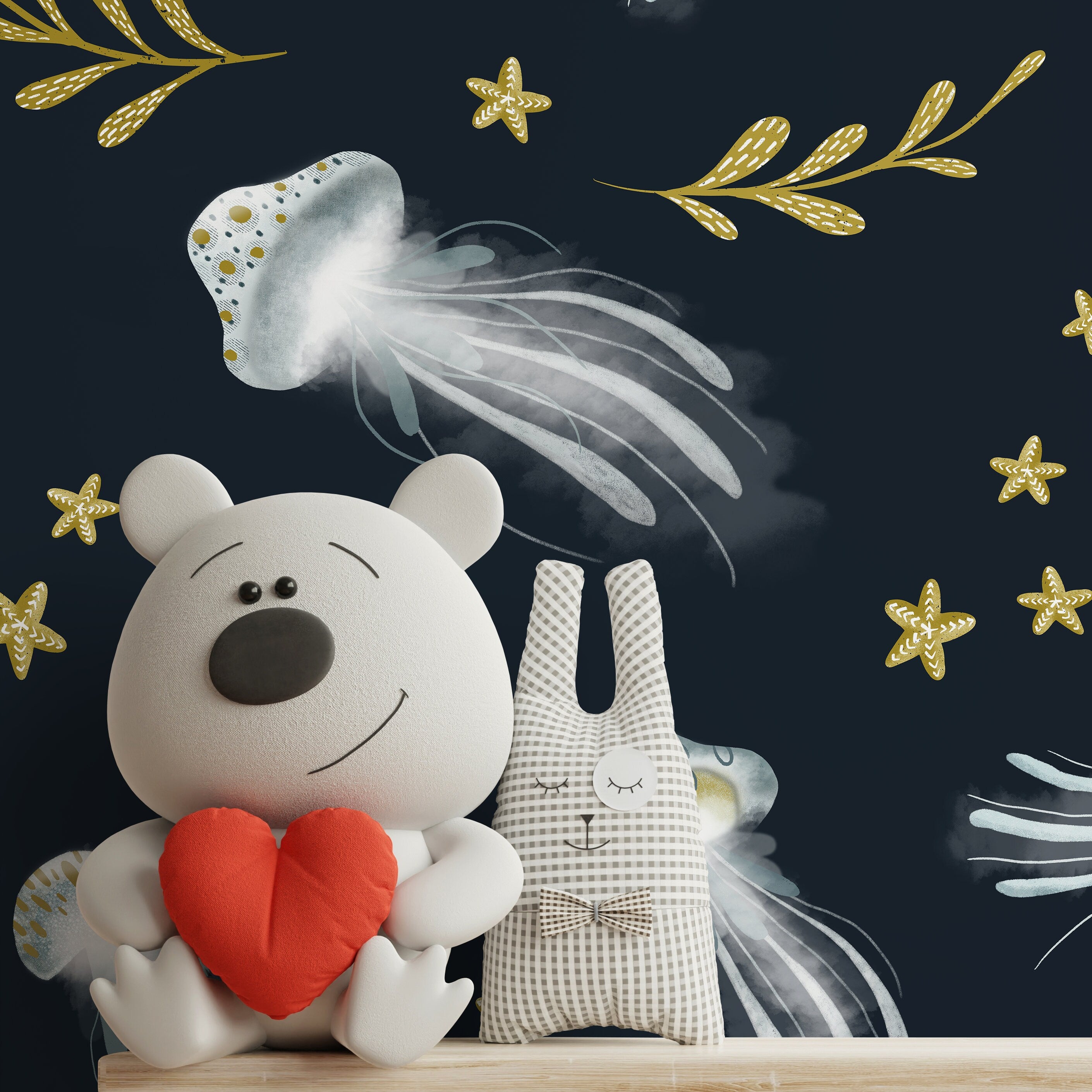 Nautical Wallpaper With Whimsical Jellyfish In Navy Blue, Gold, And White - X120