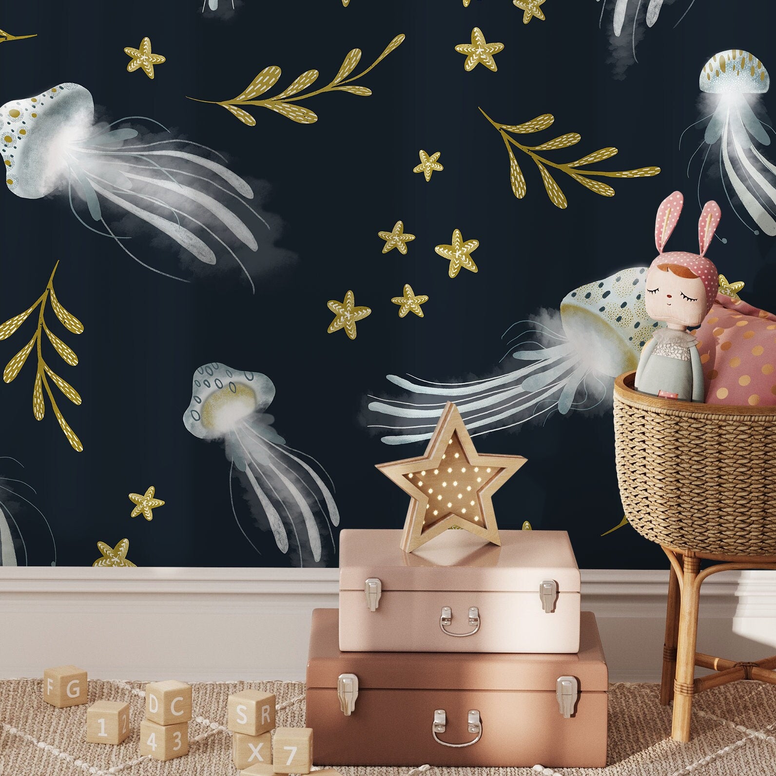 Nautical Wallpaper With Whimsical Jellyfish In Navy Blue, Gold, And White - X120