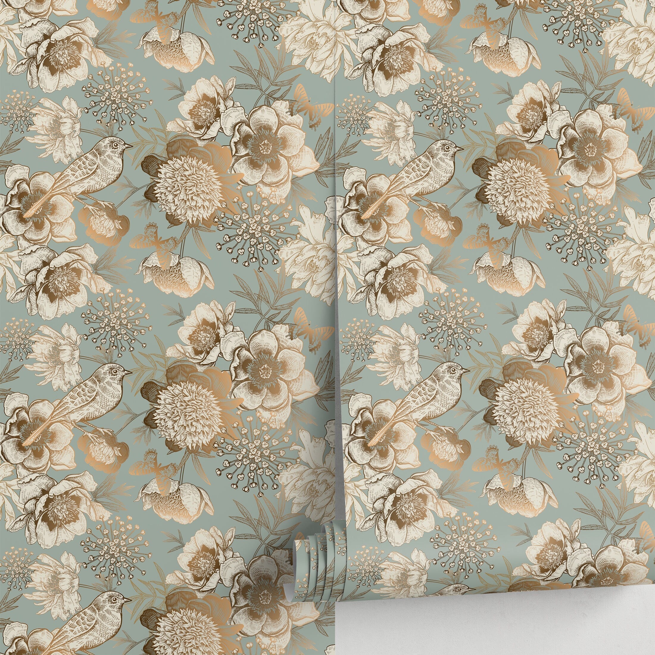 Vintage Wallpaper With Sketched Flowers And Birds In Mint, Gold, And Ivory - A918