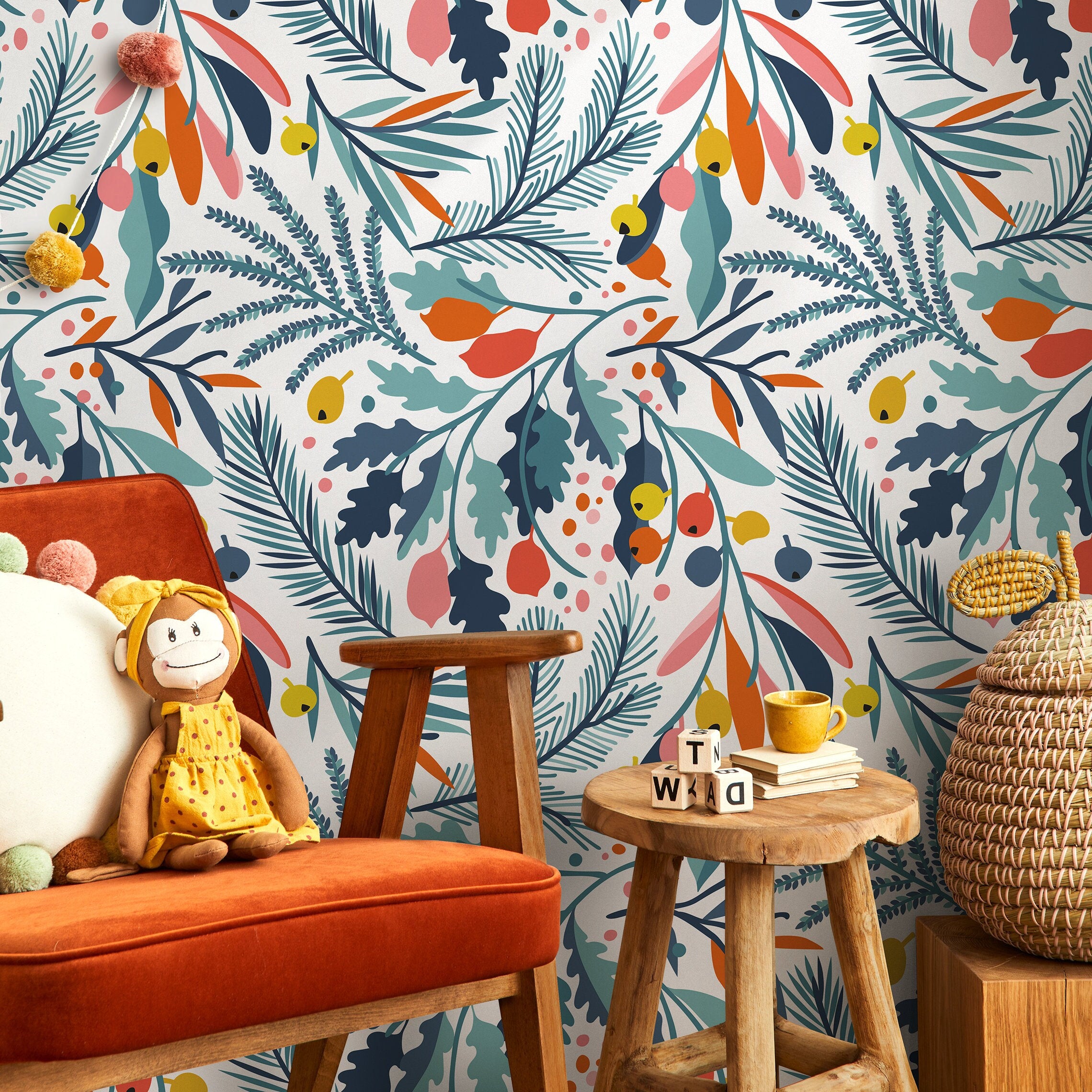 Botanical Wallpaper With Colorful Leaves And Berries In Blue, Orange, And Pink - A713