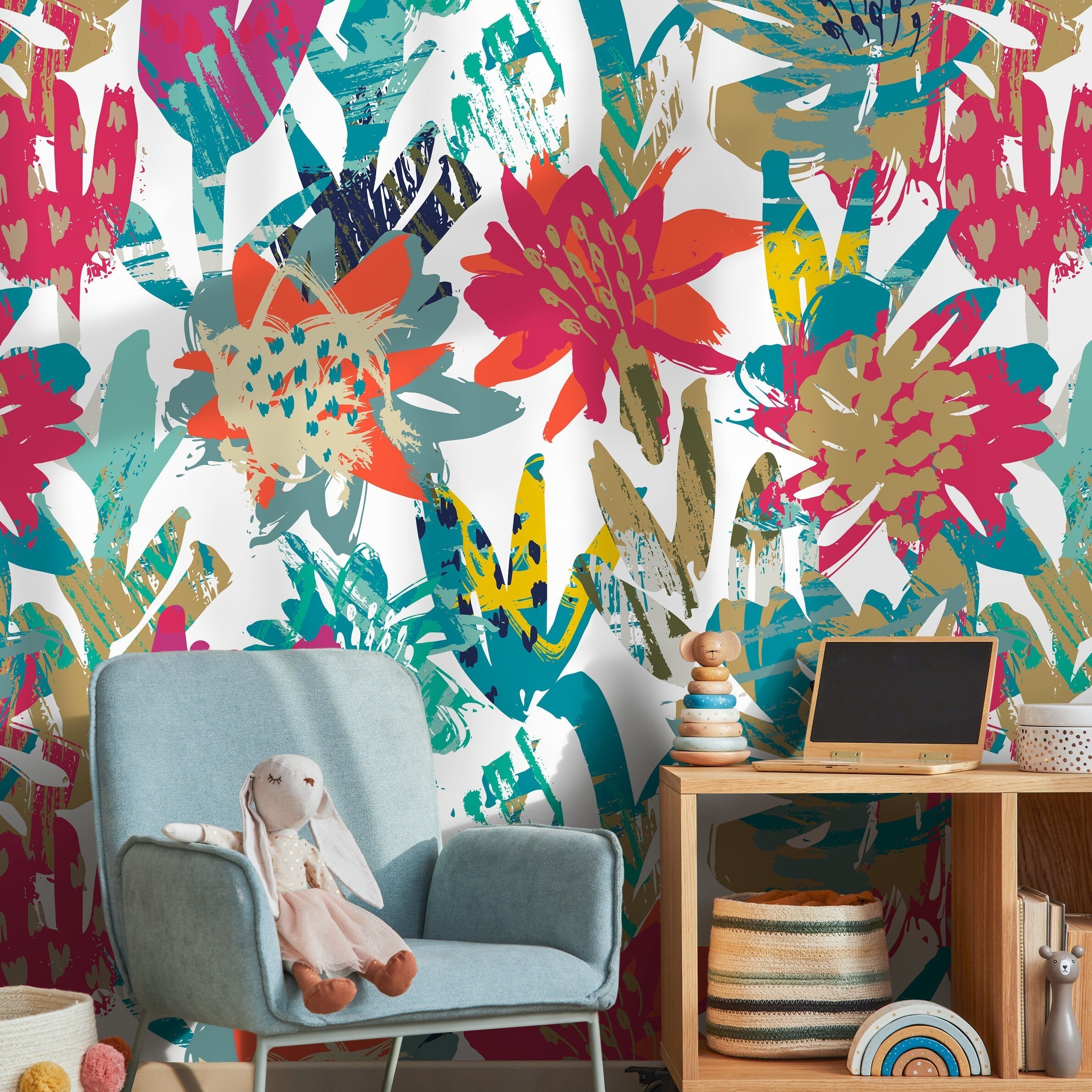 Abstract Wallpaper With Bold Brushstroke Flowers In Pink, Teal, And Yellow - A717