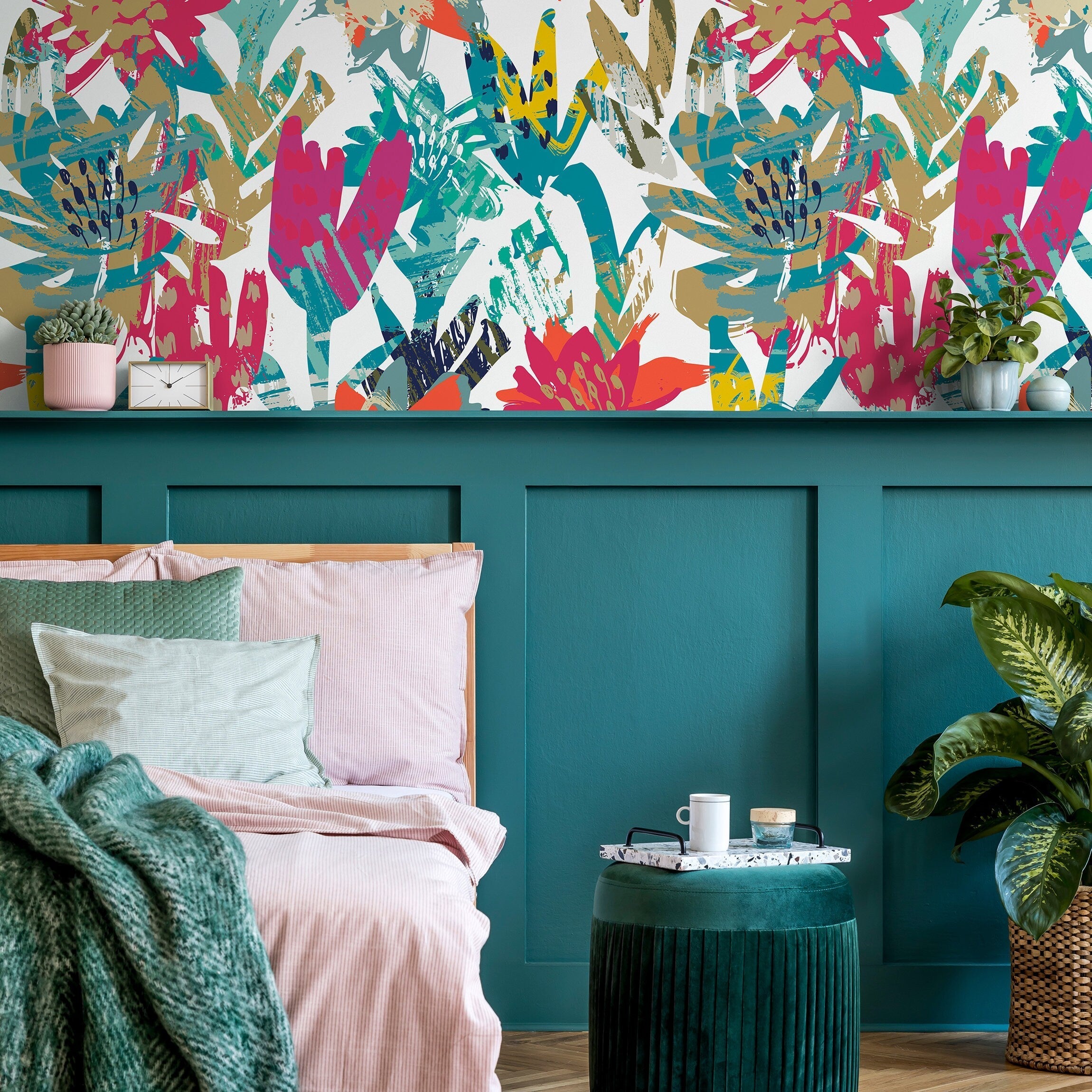 Abstract Wallpaper With Bold Brushstroke Flowers In Pink, Teal, And Yellow - A717