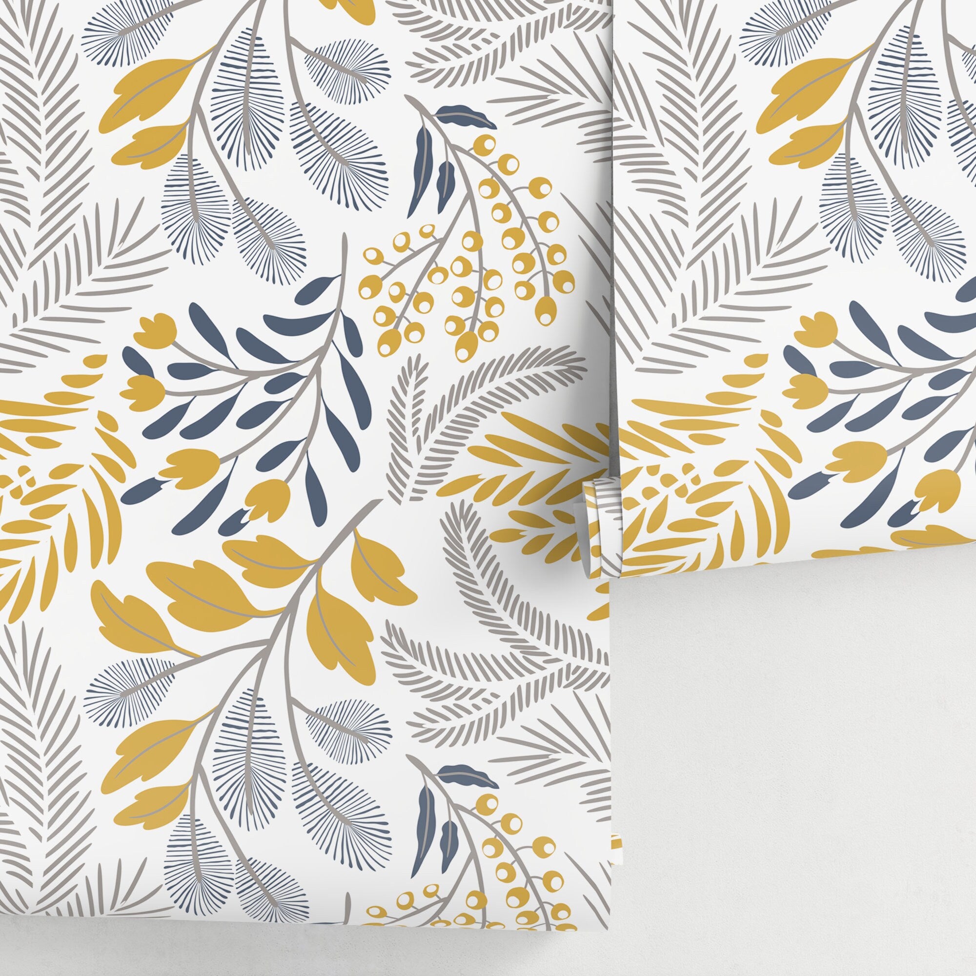Botanical Wallpaper With Stylized Ferns And Leaves In Yellow, Blue, And Gray - A722