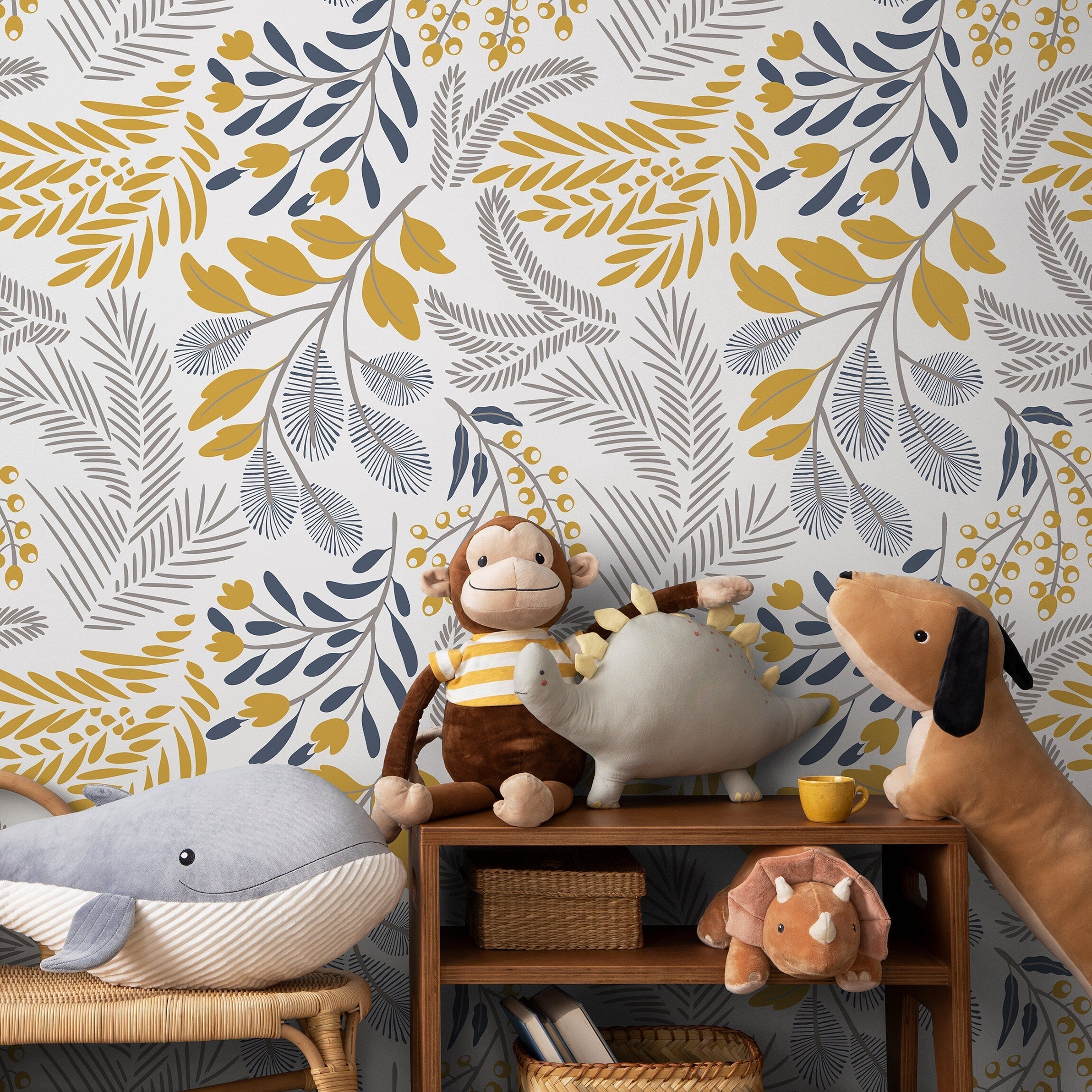 Botanical Wallpaper With Stylized Ferns And Leaves In Yellow, Blue, And Gray - A722