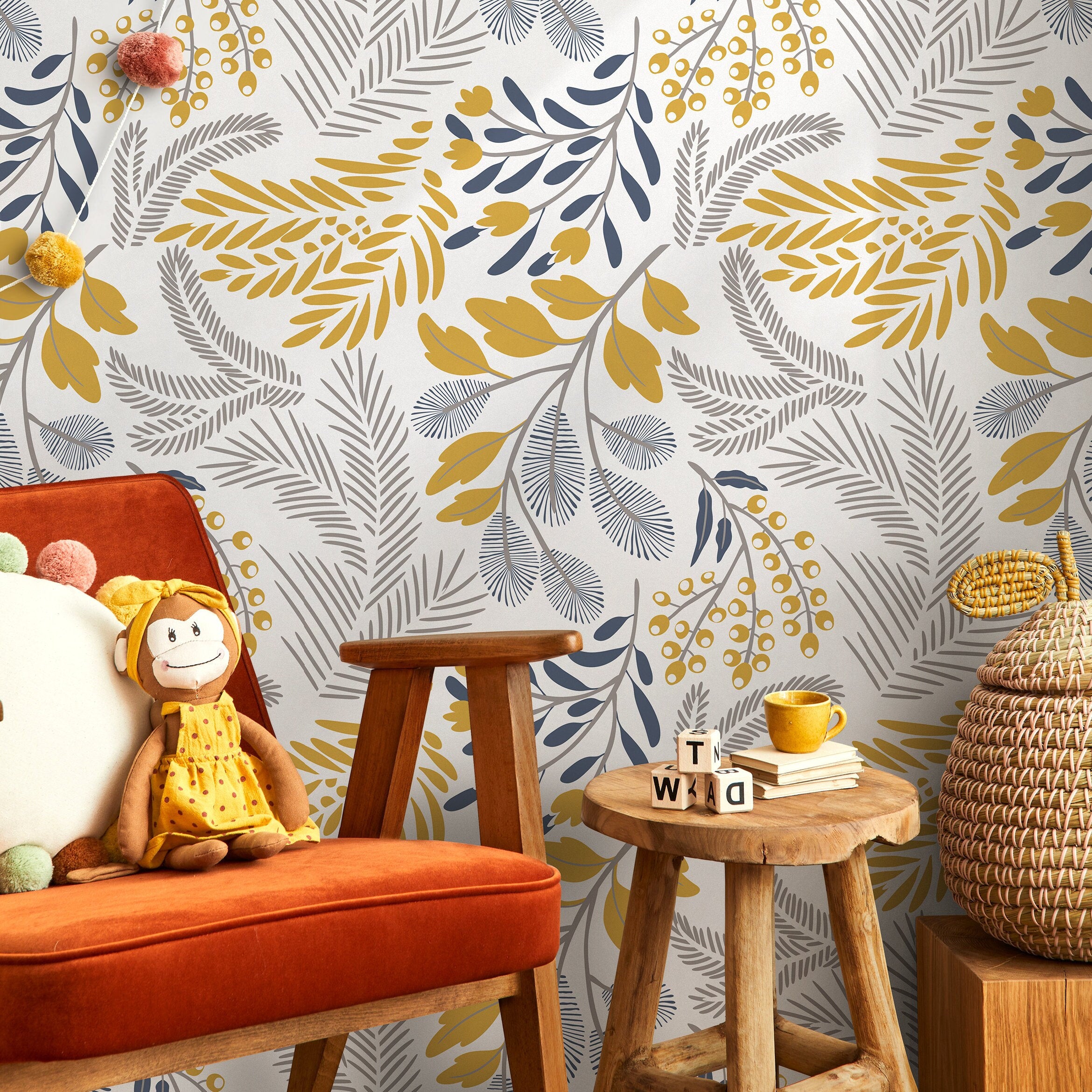Botanical Wallpaper With Stylized Ferns And Leaves In Yellow, Blue, And Gray - A722
