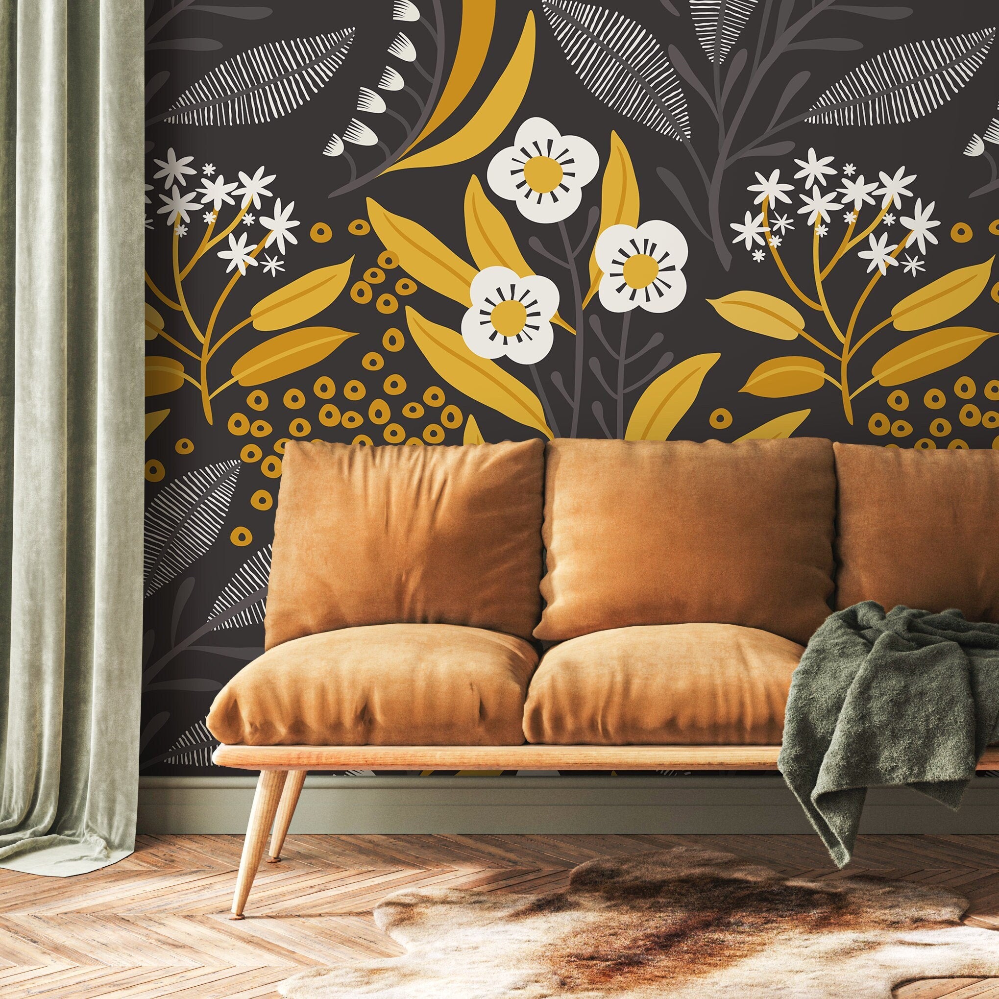 Floral Wallpaper With A Scandinavian Folk Art Motif In Yellow, White, And Grey - A723