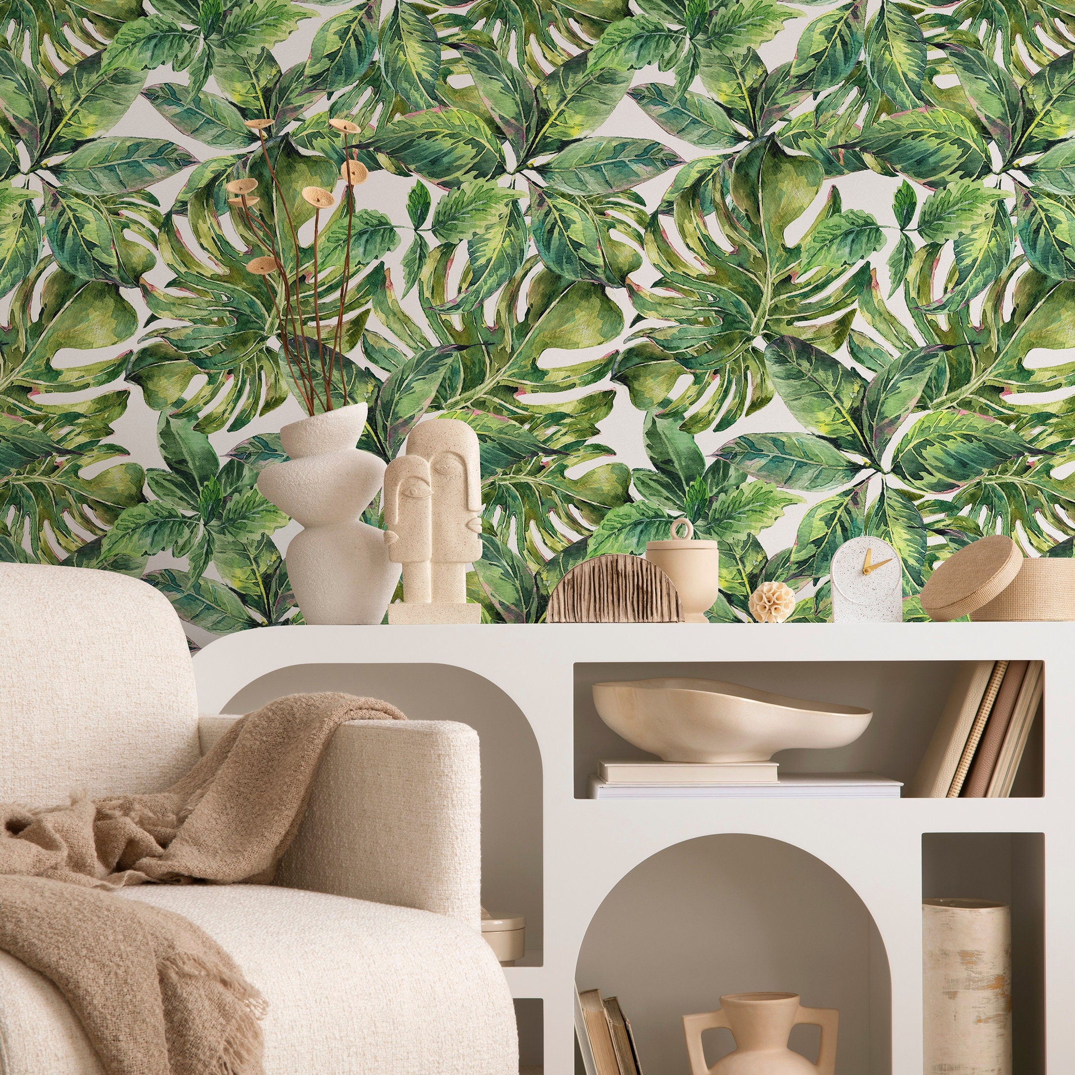 Tropical Wallpaper Featuring Lush Monstera Leaves In Green - A734