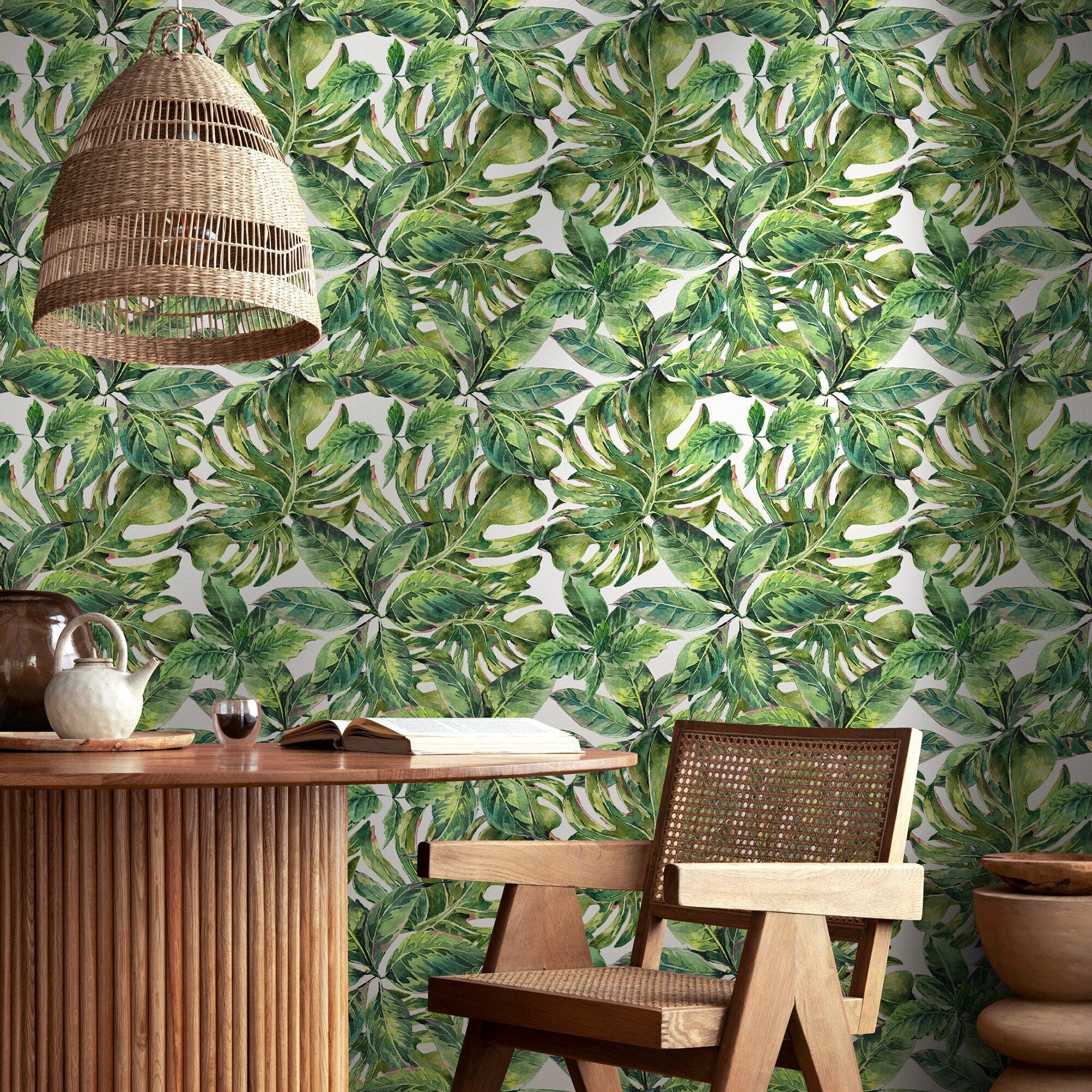 Tropical Wallpaper Featuring Lush Monstera Leaves In Green - A734