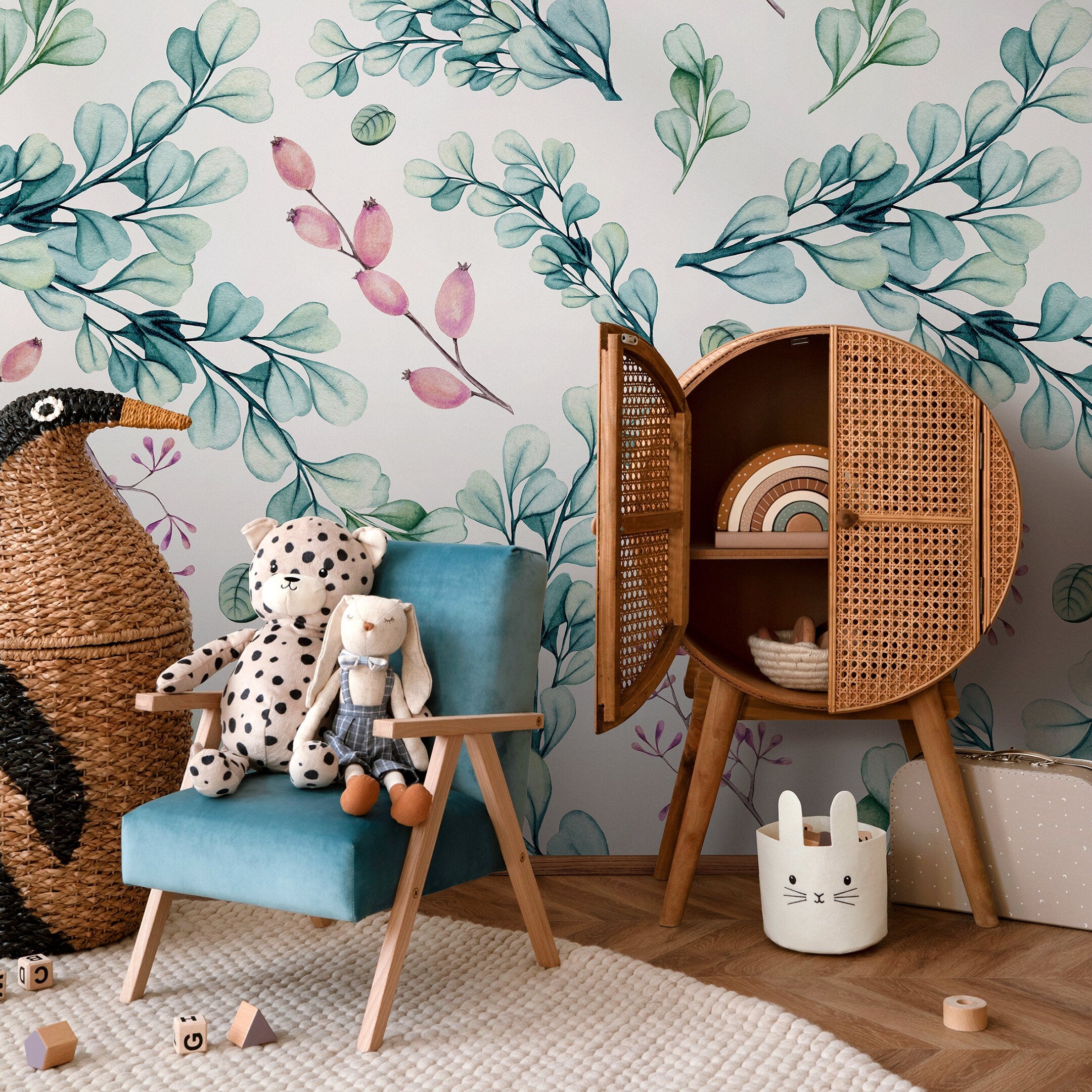 Botanical Wallpaper With Watercolor Leaves And Berries In Green And Pink - A735