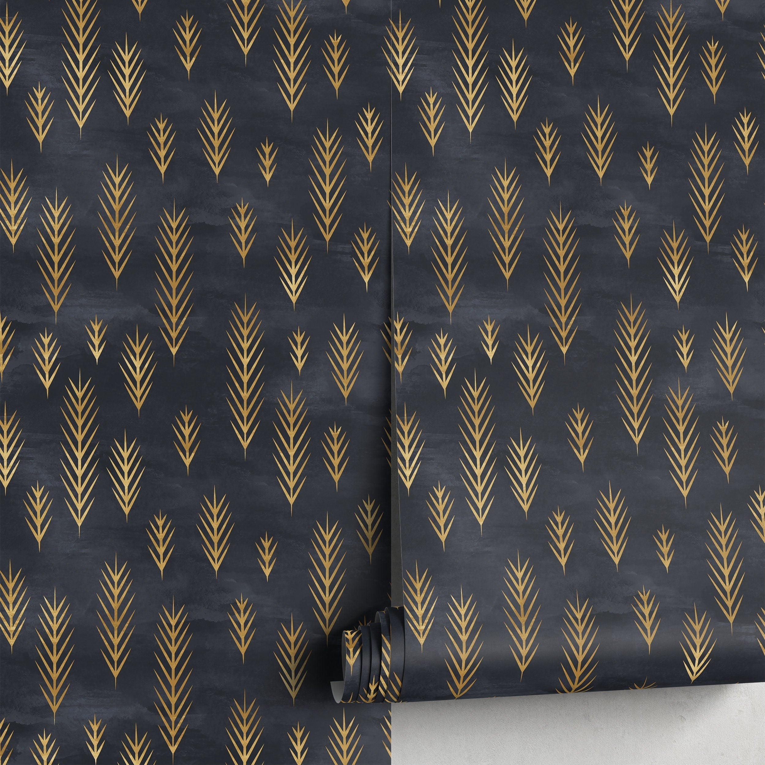 Art Deco Wallpaper With Stylized Golden Fronds In Black And Gold - A739