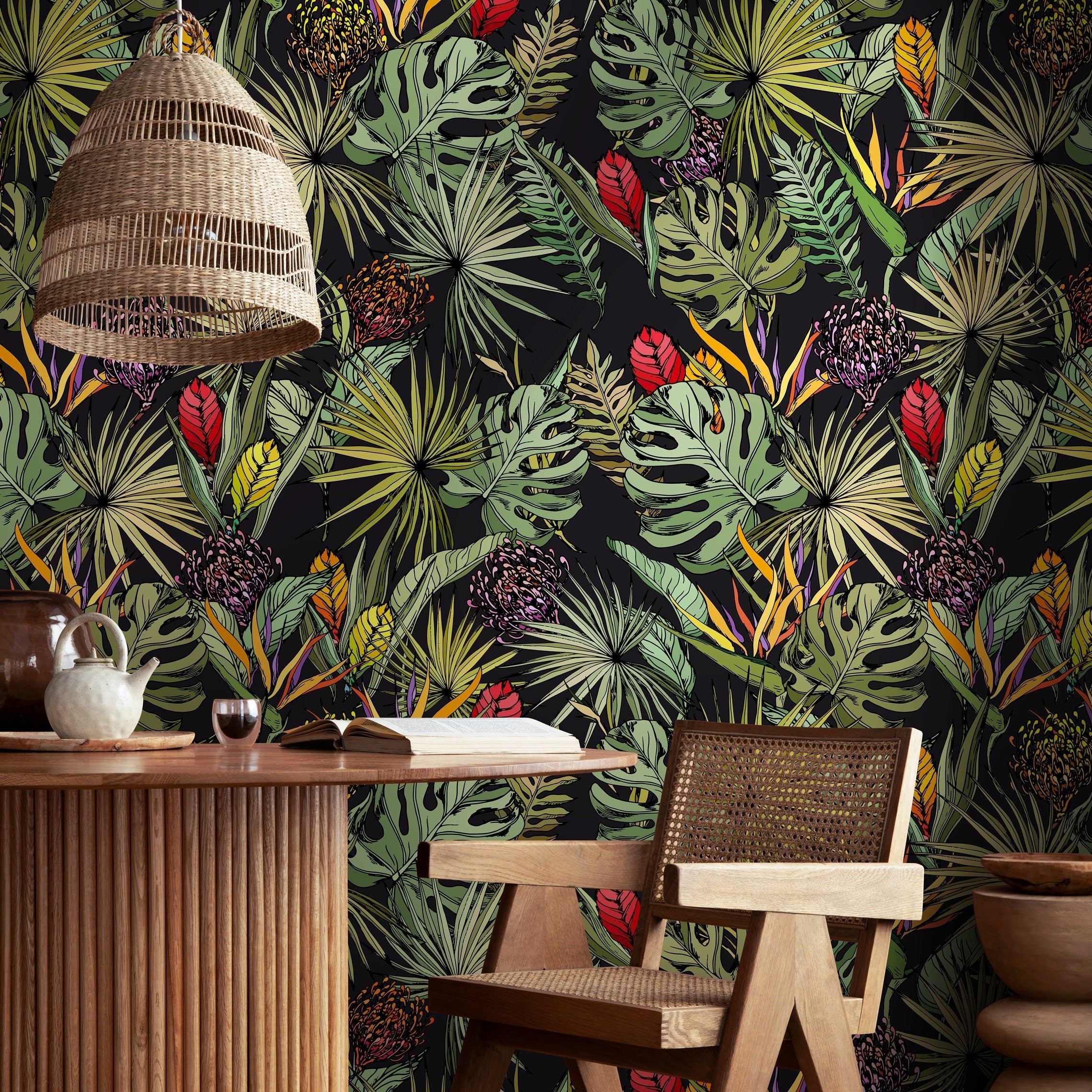 Tropical Wallpaper With Exotic Jungle Leaves In Green, Red, And Orange - A754