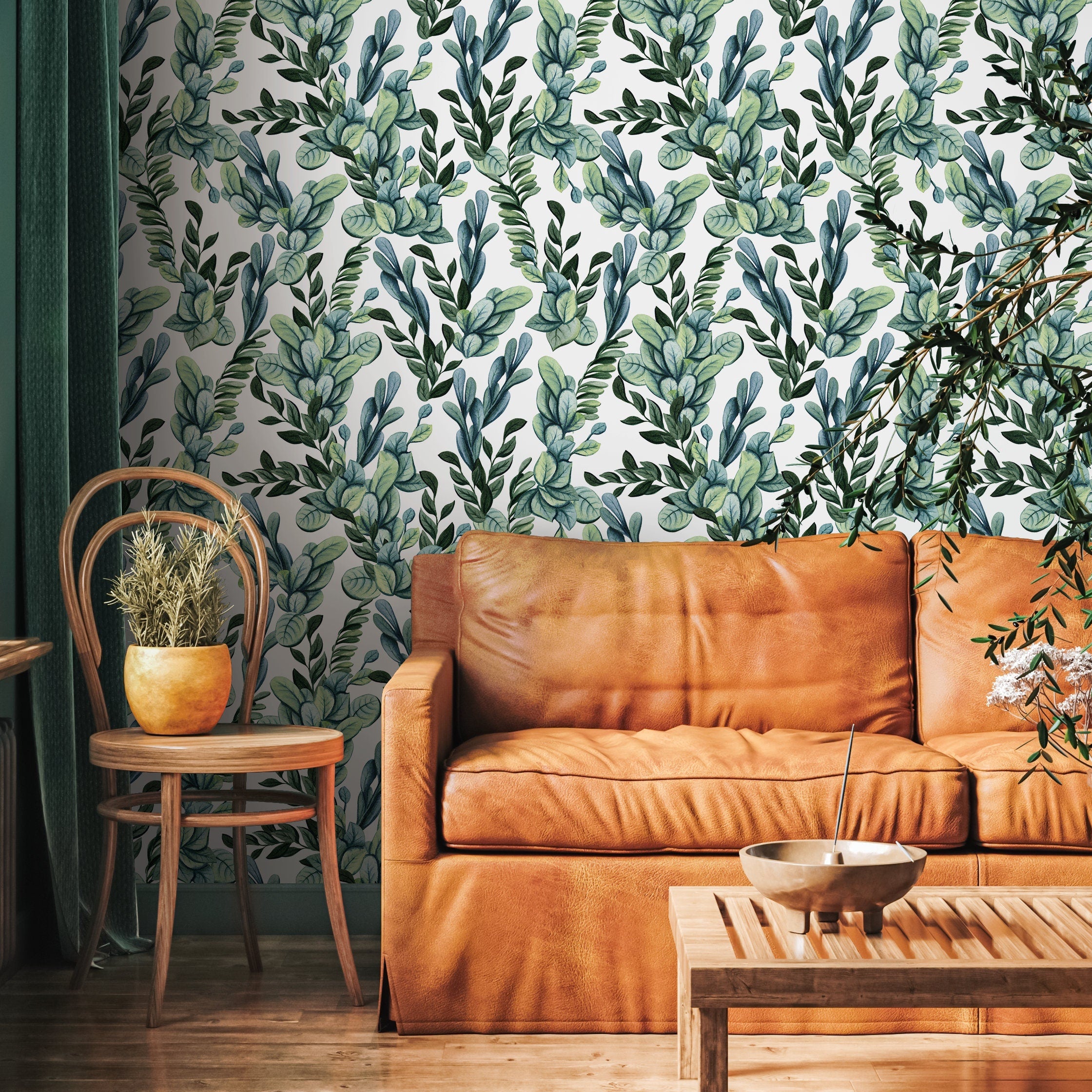 Botanical Wallpaper With Lush Greenery In Green And Teal - A757