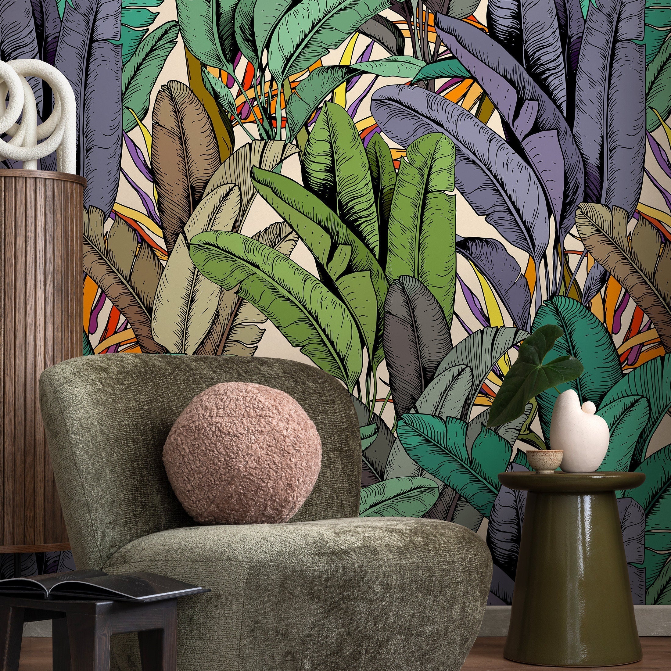 Tropical Wallpaper Featuring Illustrated Banana Leaves In Green, Purple, And Orange - A765