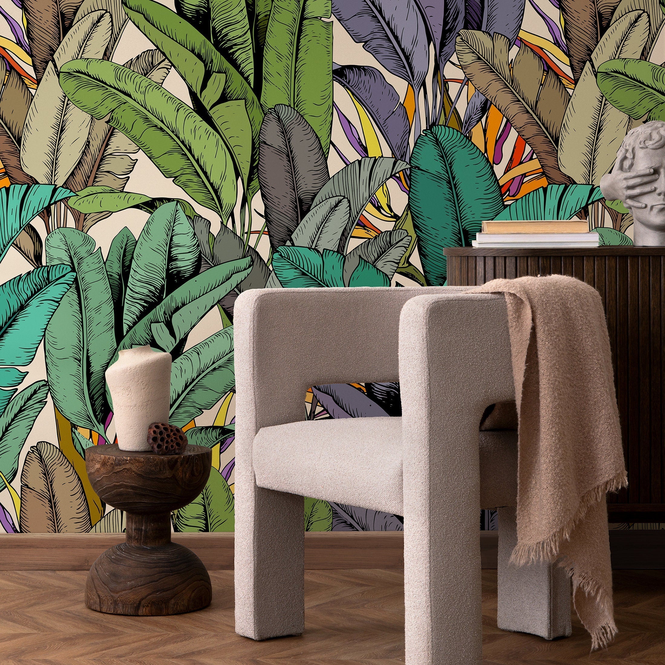 Tropical Wallpaper Featuring Illustrated Banana Leaves In Green, Purple, And Orange - A765