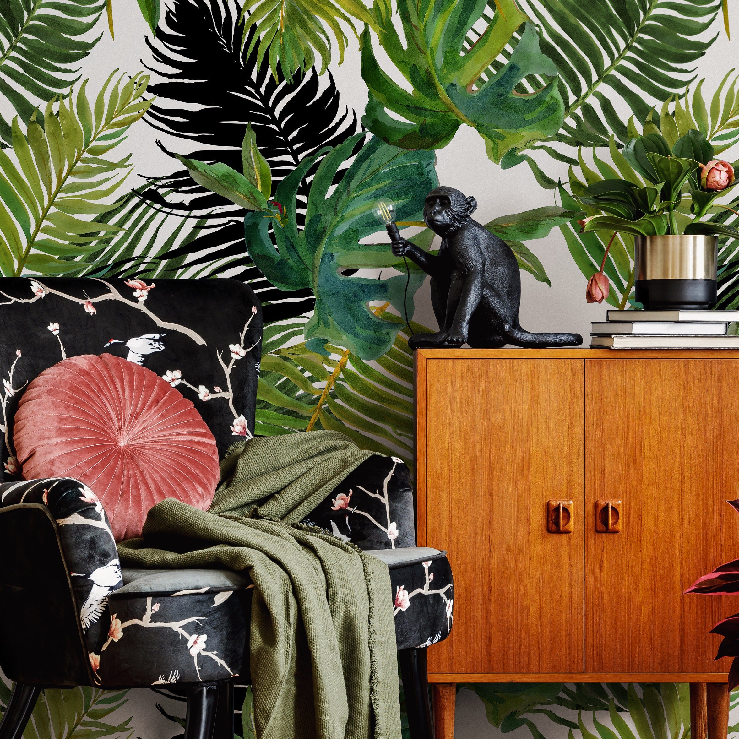 Tropical Wallpaper With Watercolor Palm Leaves In Green And Black - A767