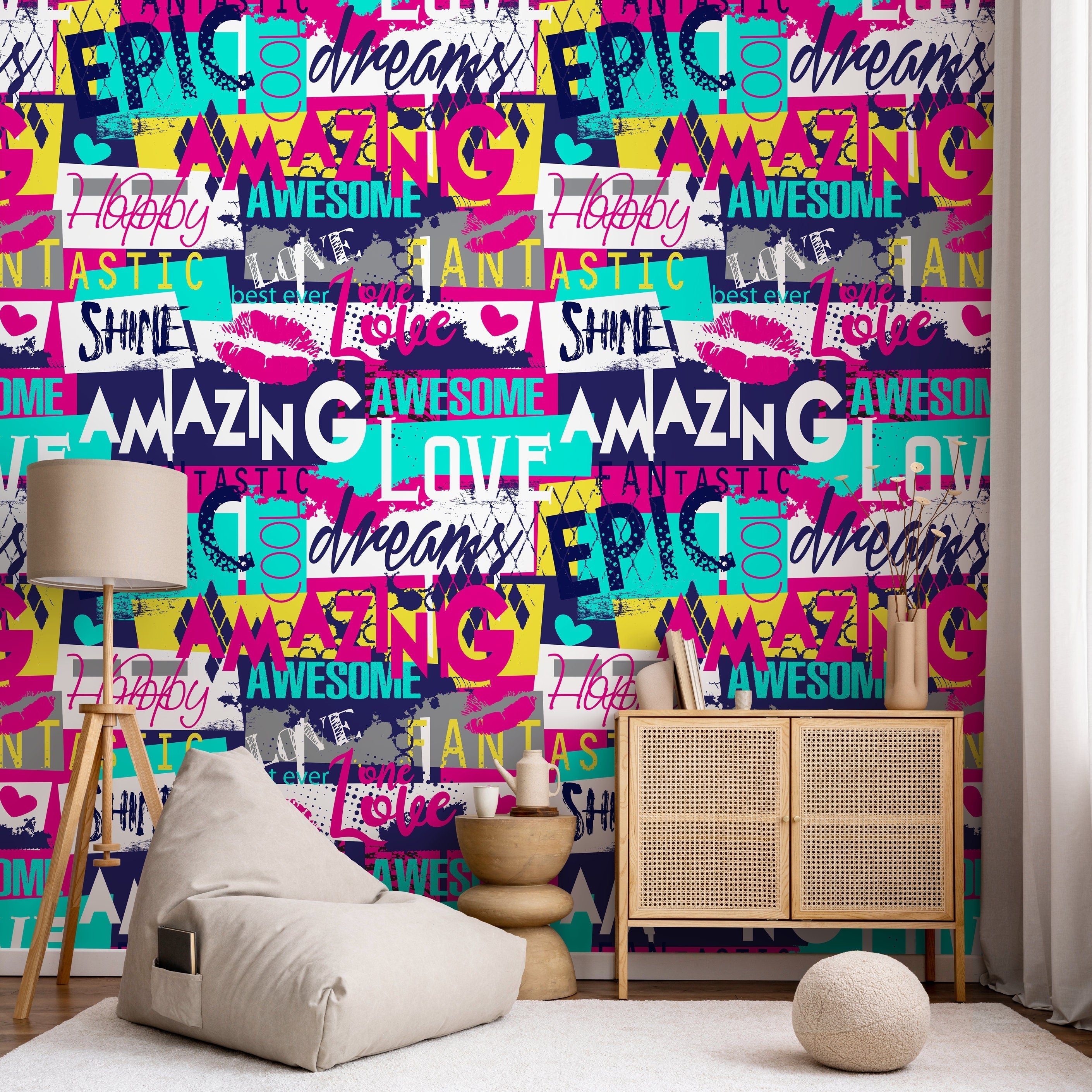 Graffiti Wallpaper With A Street Art Collage In Pink, Blue, And Yellow - A784