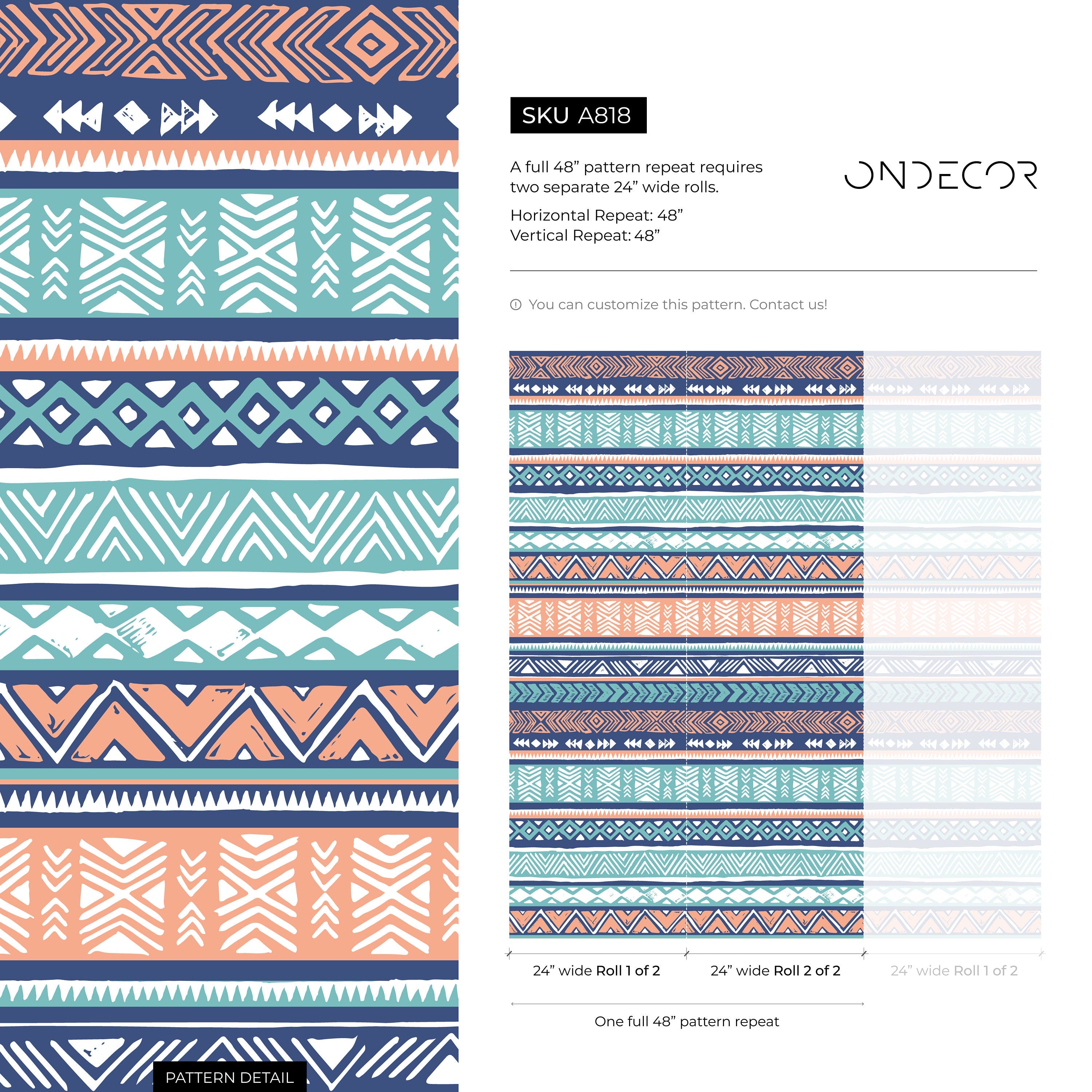 Tribal Wallpaper With Ethnic Geometric Stripes In Blue, Terracotta, And Teal - A818