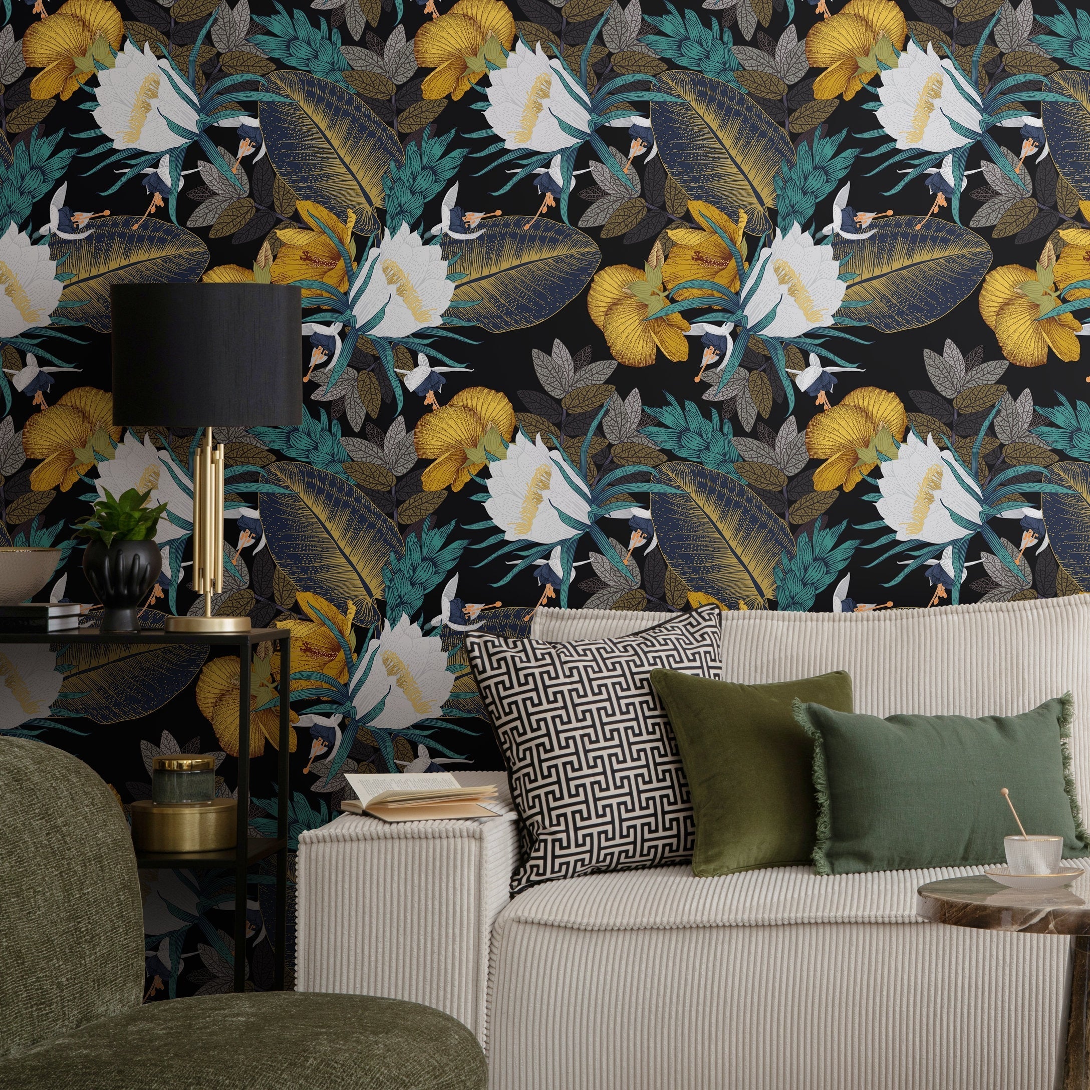 Tropical Wallpaper With Exotic Hibiscus In Yellow, Teal, And White - A821