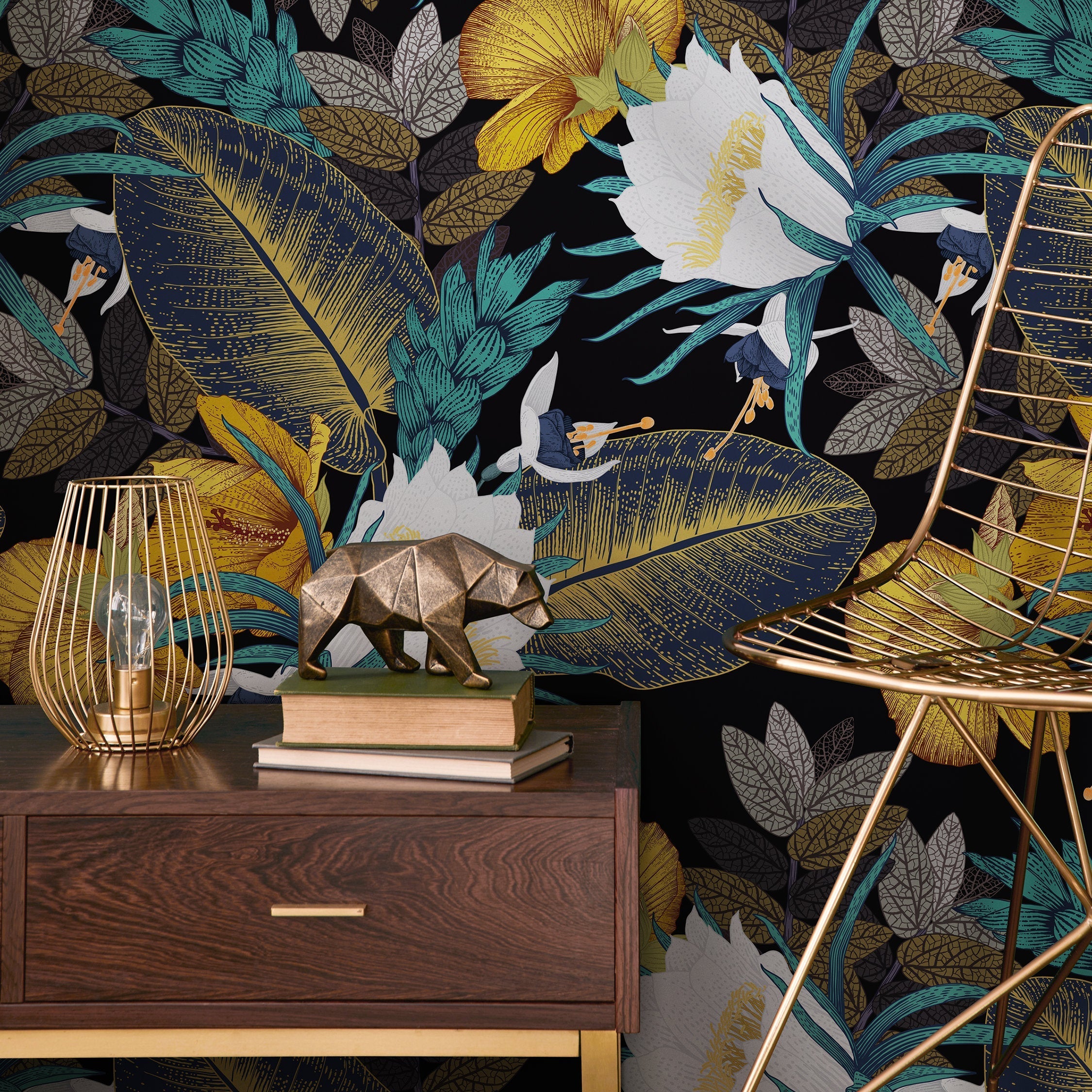 Tropical Wallpaper With Exotic Hibiscus In Yellow, Teal, And White - A821