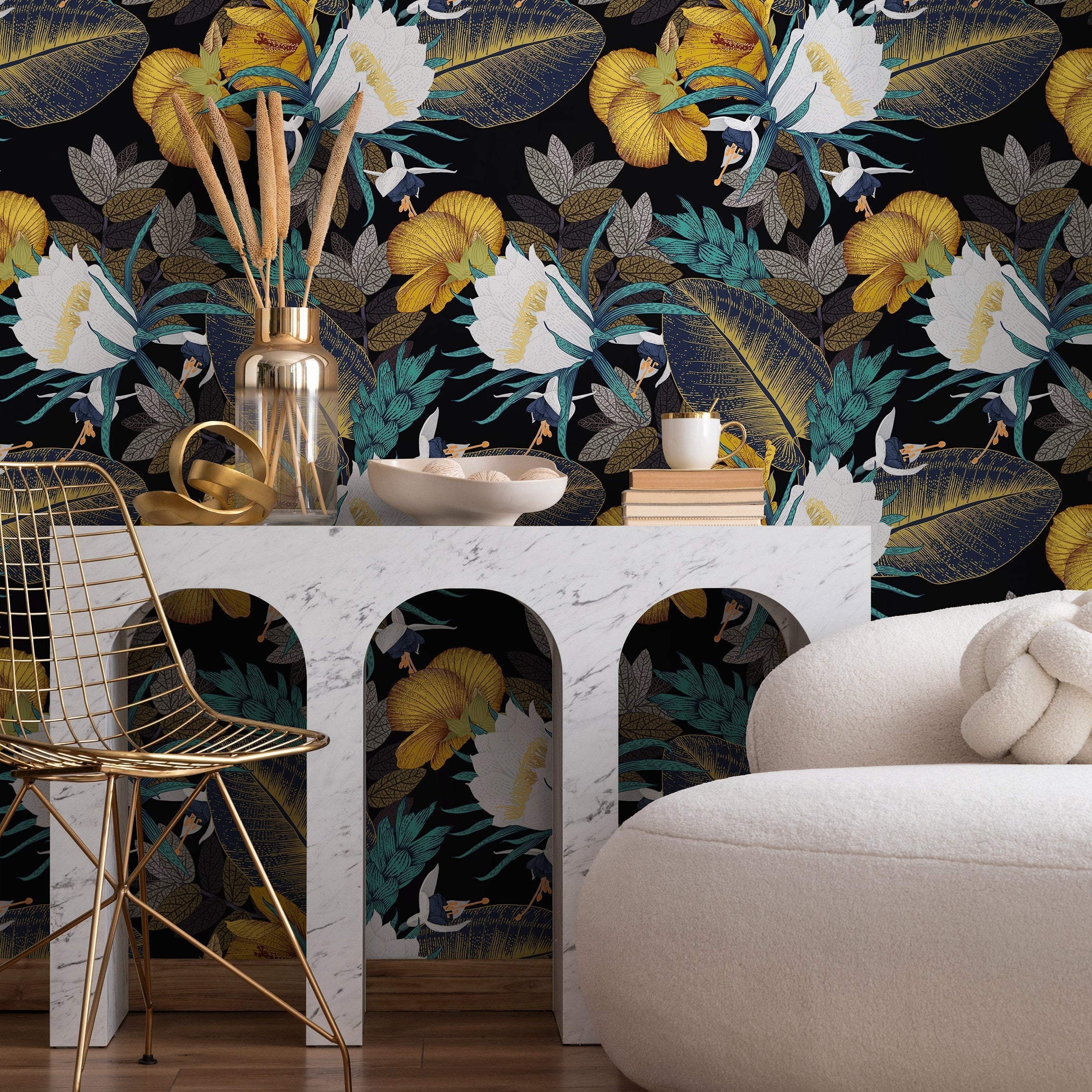 Tropical Wallpaper With Exotic Hibiscus In Yellow, Teal, And White - A821