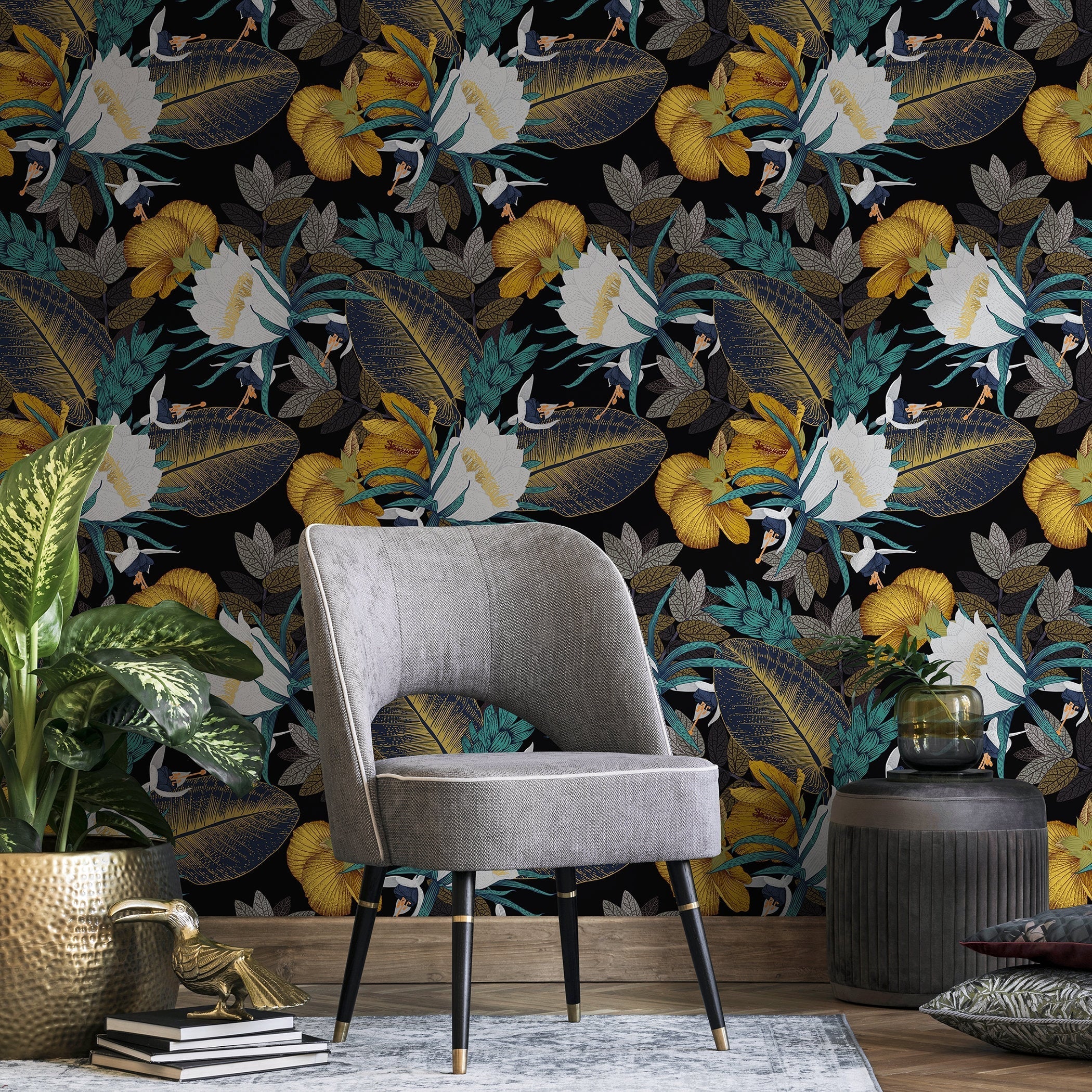Tropical Wallpaper With Exotic Hibiscus In Yellow, Teal, And White - A821